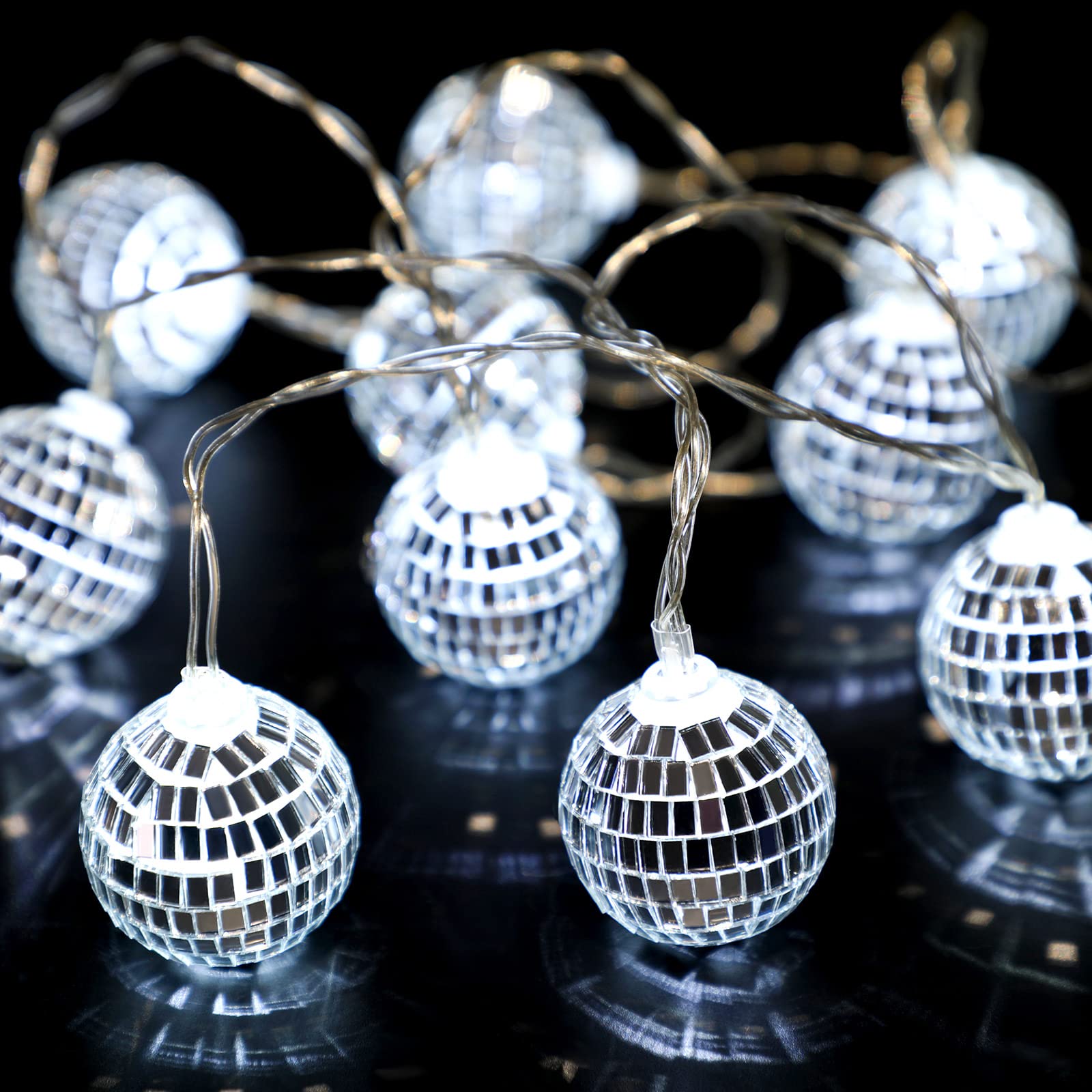 Zhanmai Disco Ball String Lights - 30 LED Mini Mirror Balls, 1.97 Inch, Silver, Model Zhanmai-Lights-48JCDR, Perfect for 70s