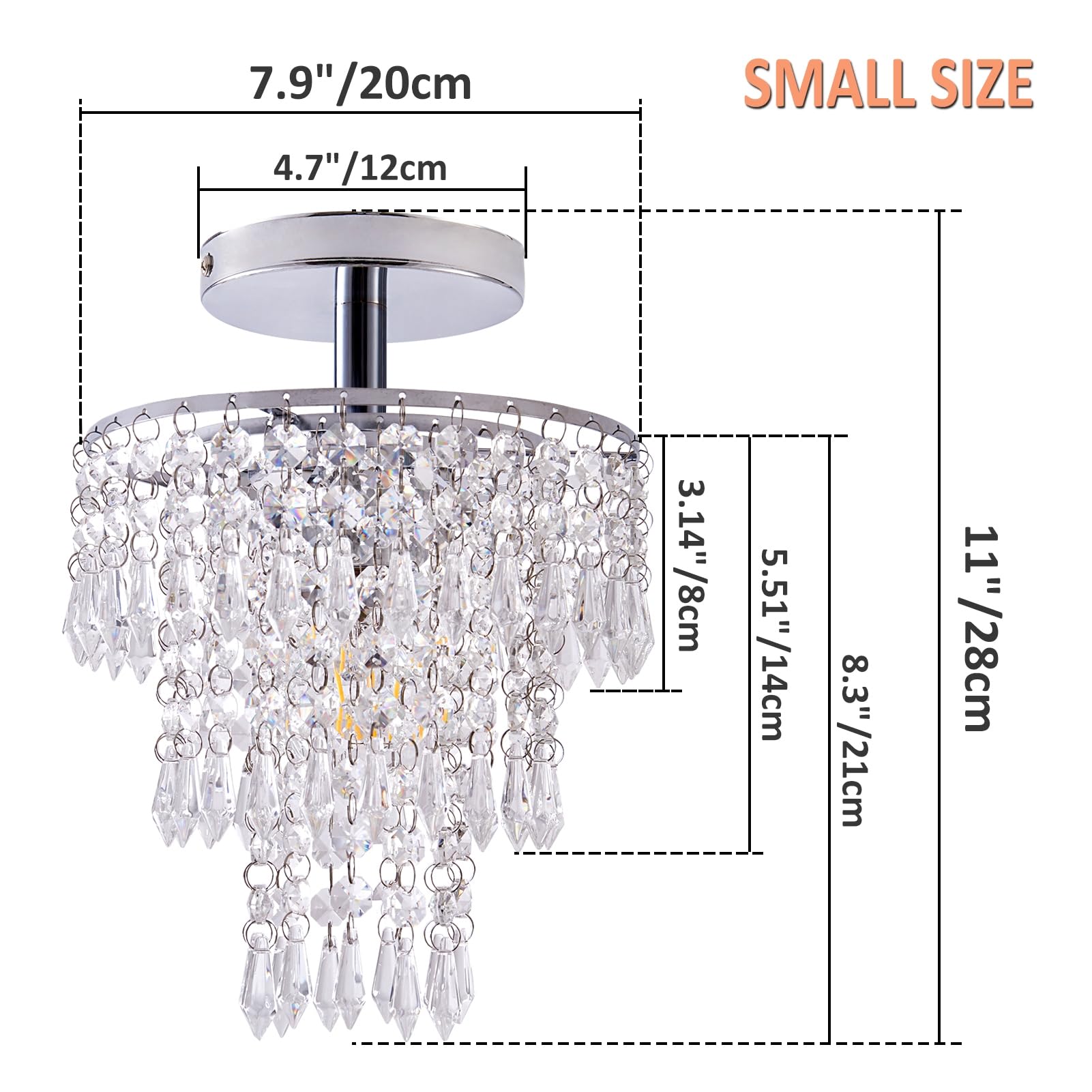 Cyaruy Small Crystal Chandelier - 3-Tier Raindrop Design, Metal, Chrome, 7.9" x 11", Flush Mount Ceiling Light for Bedroom & Living Room