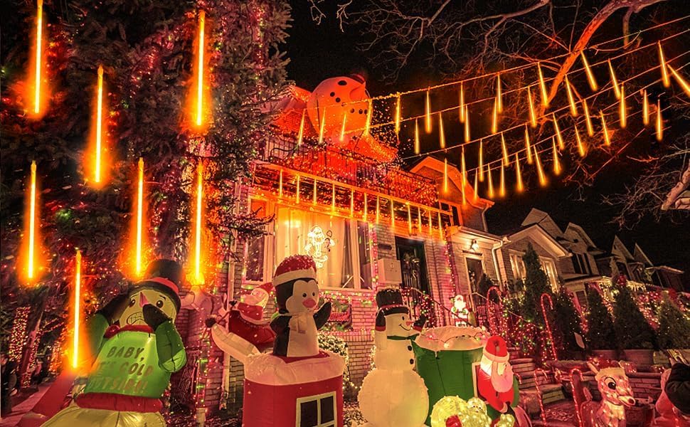 Roytong Christmas Lights, Meteor Shower Lights, Orange 10 Tube 540 Led 20 Inch Icicle Lights For Halloween Outdoor Tree Patio Ga