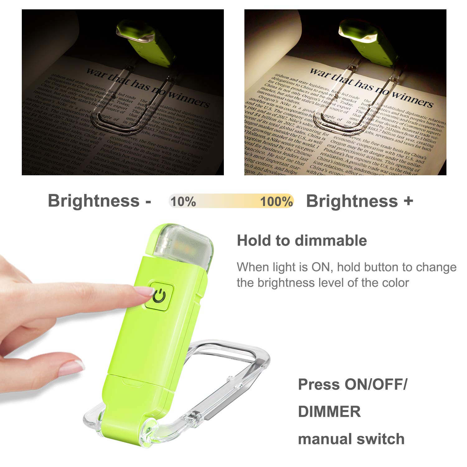 HONWELL Clip On LED Reading Light, 3 Brightness Levels, Portable, Green, Model H008YW-G