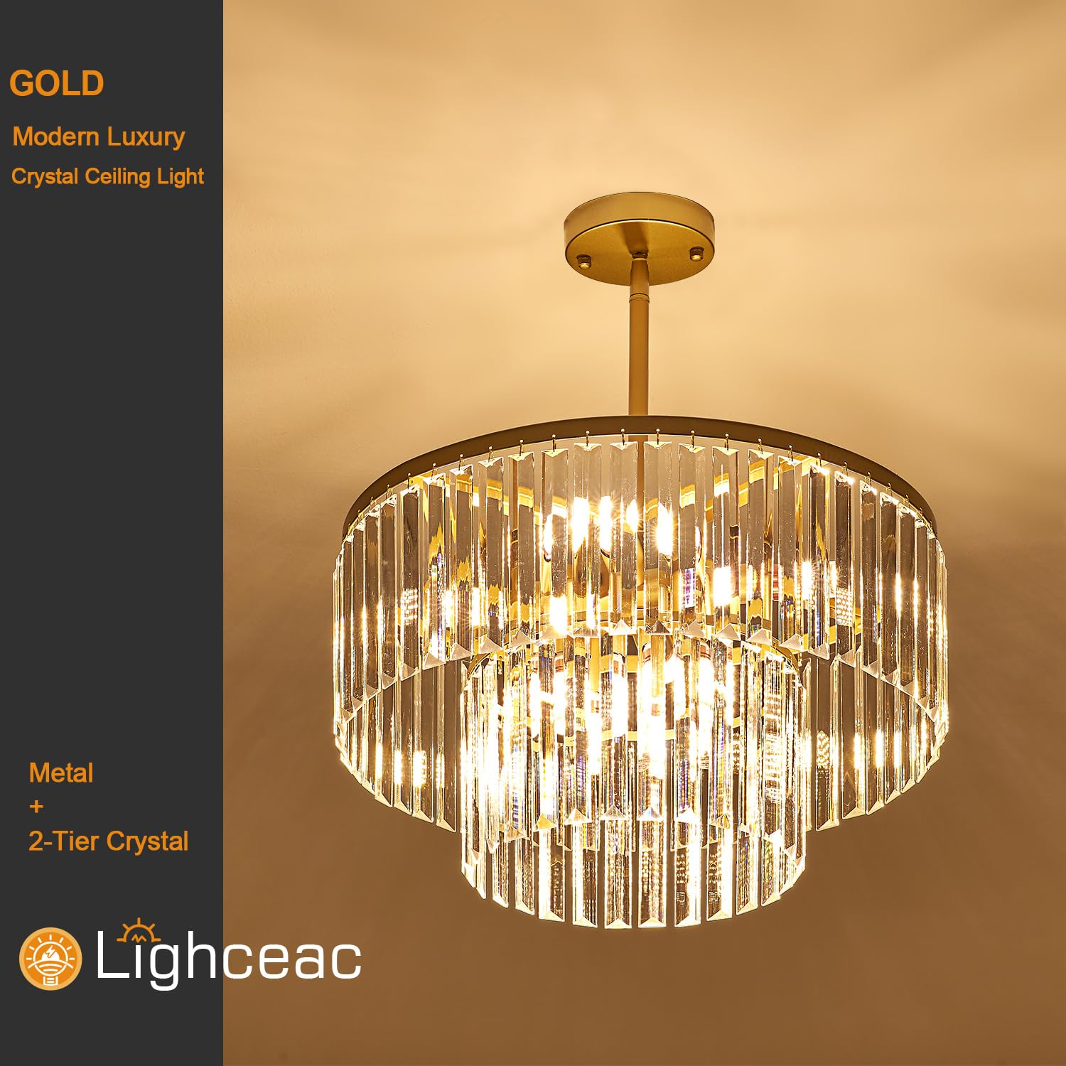 Lighceac 17.7 Gold Semi Flush Mount 2-Tier Crystal Ceiling Light Fixtures For Dining Room Modern Industrial 8-Light Chandeliers Lighting For Bedroom Entryway Hallway Kitchen Island Living Room Foyer