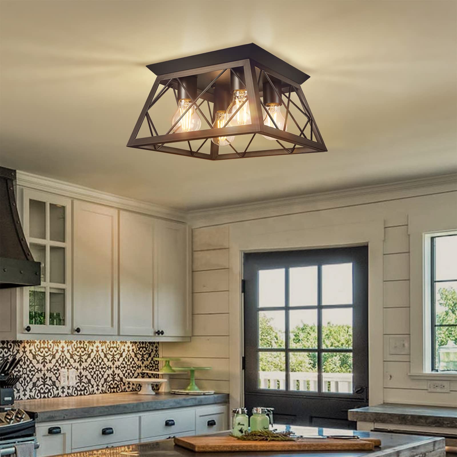 FadimiKoo 4-Light Flush Mount Ceiling Light Fixture, Industrial Farmhouse Metal Lamp, Brown, Ideal for Kitchen & Dining Room