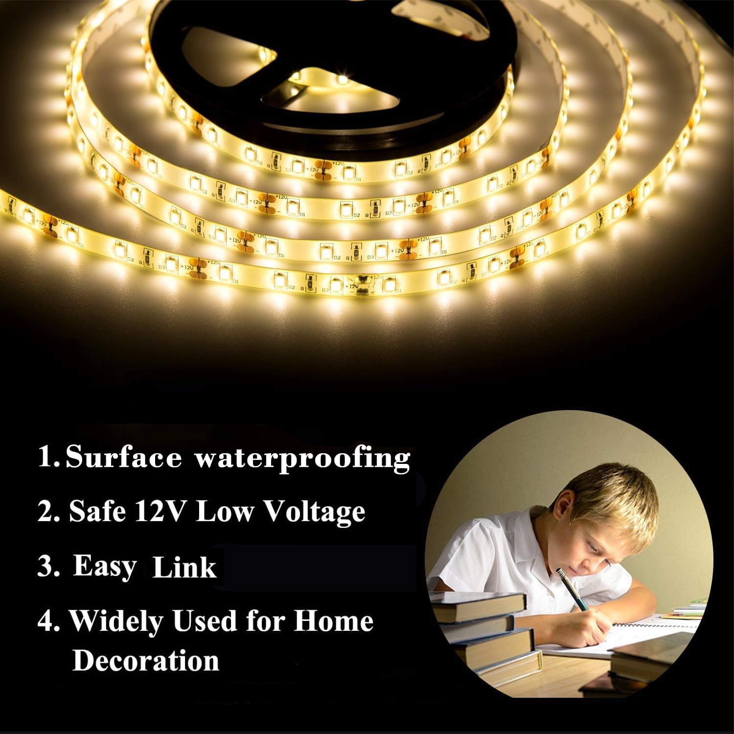 JUNWEN 16.4ft Warm White LED Strip Lights, Waterproof Flexible Indoor/Outdoor Lighting, Cuttable SMD2835, Plug-in