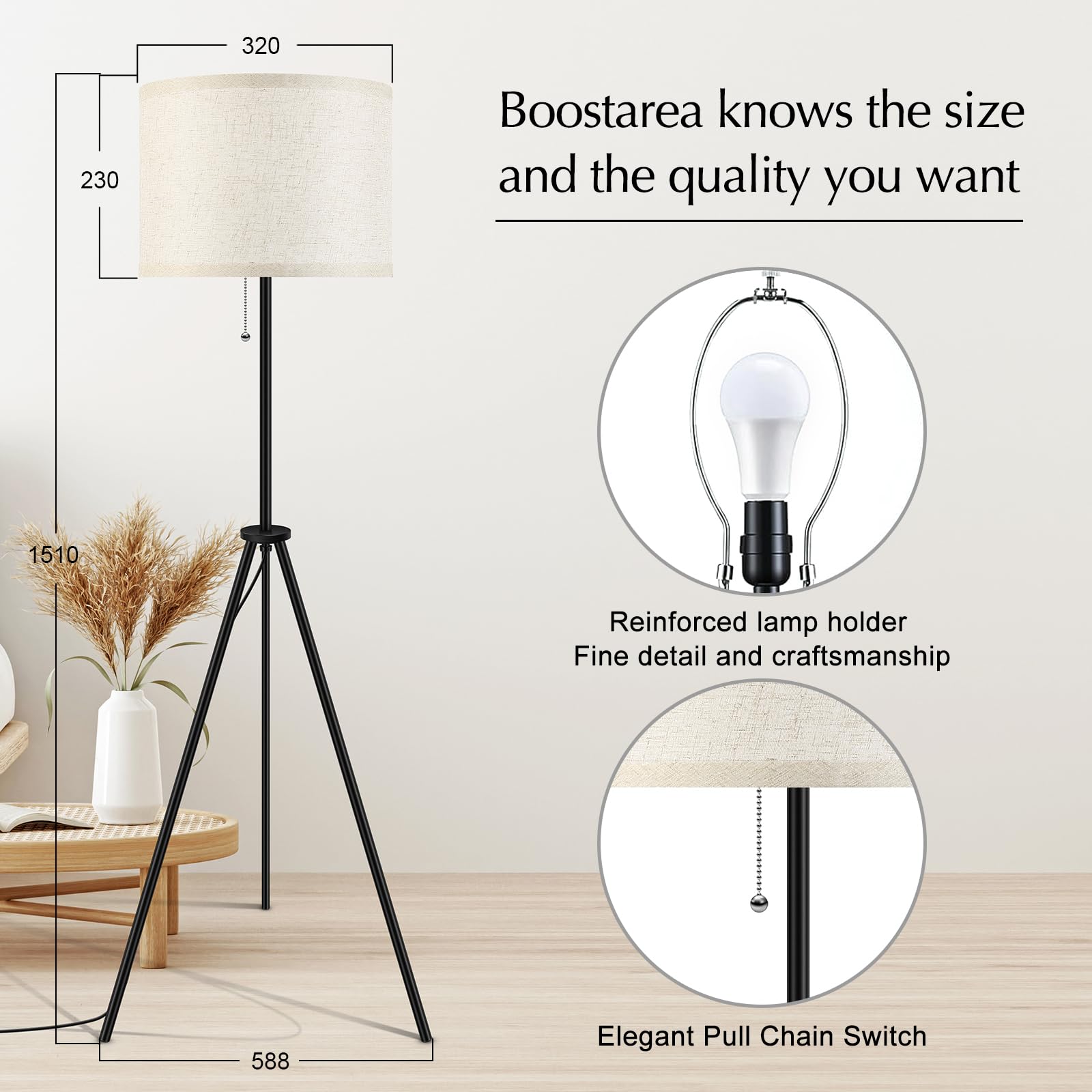Boostarea Floor Lamp For Living Room, Tripod Floor Lamp, Linen Lamp Shade, Mid Century Standing Lamp For Living Room, Bedroom, S