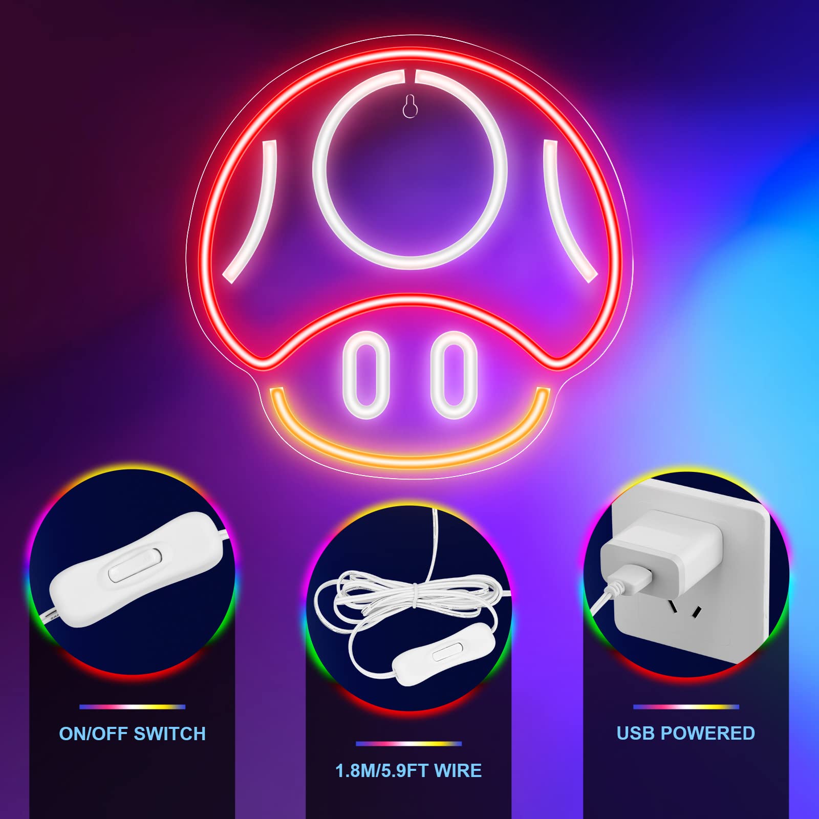 Kavaas Red Mushroom Neon Sign - Gaming Wall Decor For Game Room, Man Cave, Kids Gifts