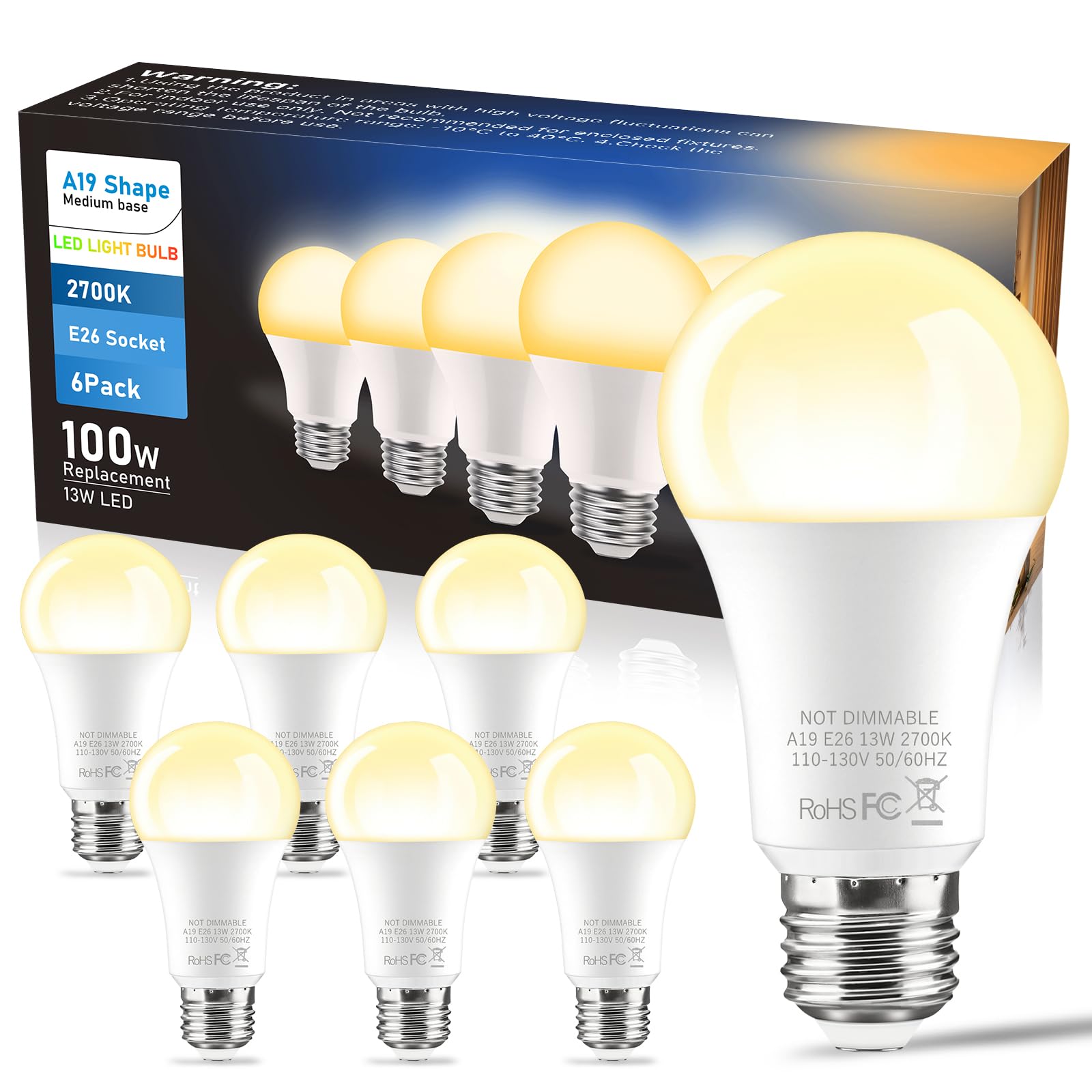 Btbhiho 6-Pack A19 Led Light Bulbs 100W Equivalent 1250 Lumens, 13W 2700K Cool White Non-Dimmable, No Flicker, Super Bright Cri8