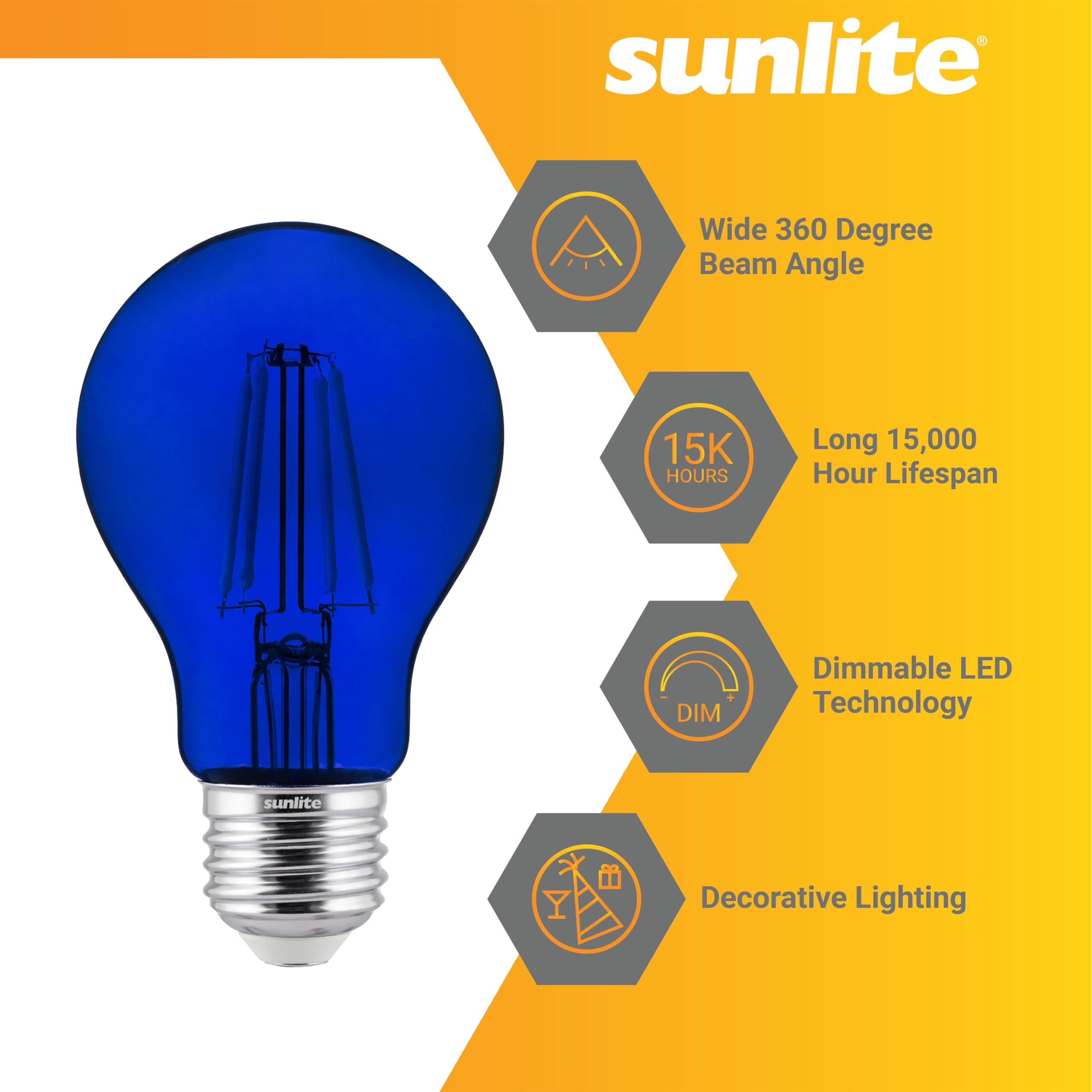 Sunlite 40940 LED Colored Filament A19 Light Bulb, 4.5 Watts, Medium E26 Base, 120 Volts, Transparent Blue, Dimmable, 320 Degree