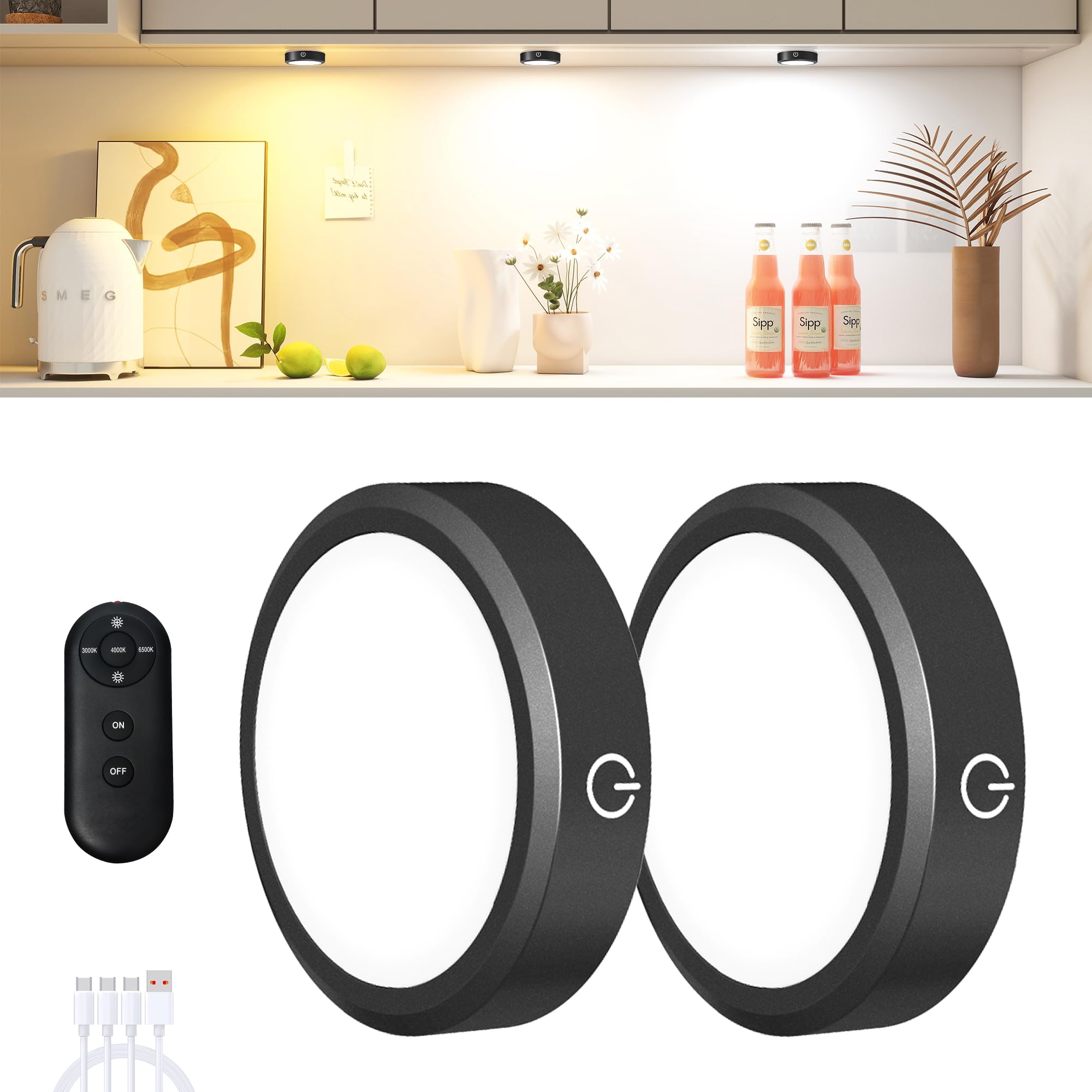 MICLIONLED Rechargeable Puck Lights, Remote Control, 3 Color Temperatures, 2 Pack, Black, Model M3-G17, Plastic, Under Cabinet Lighting