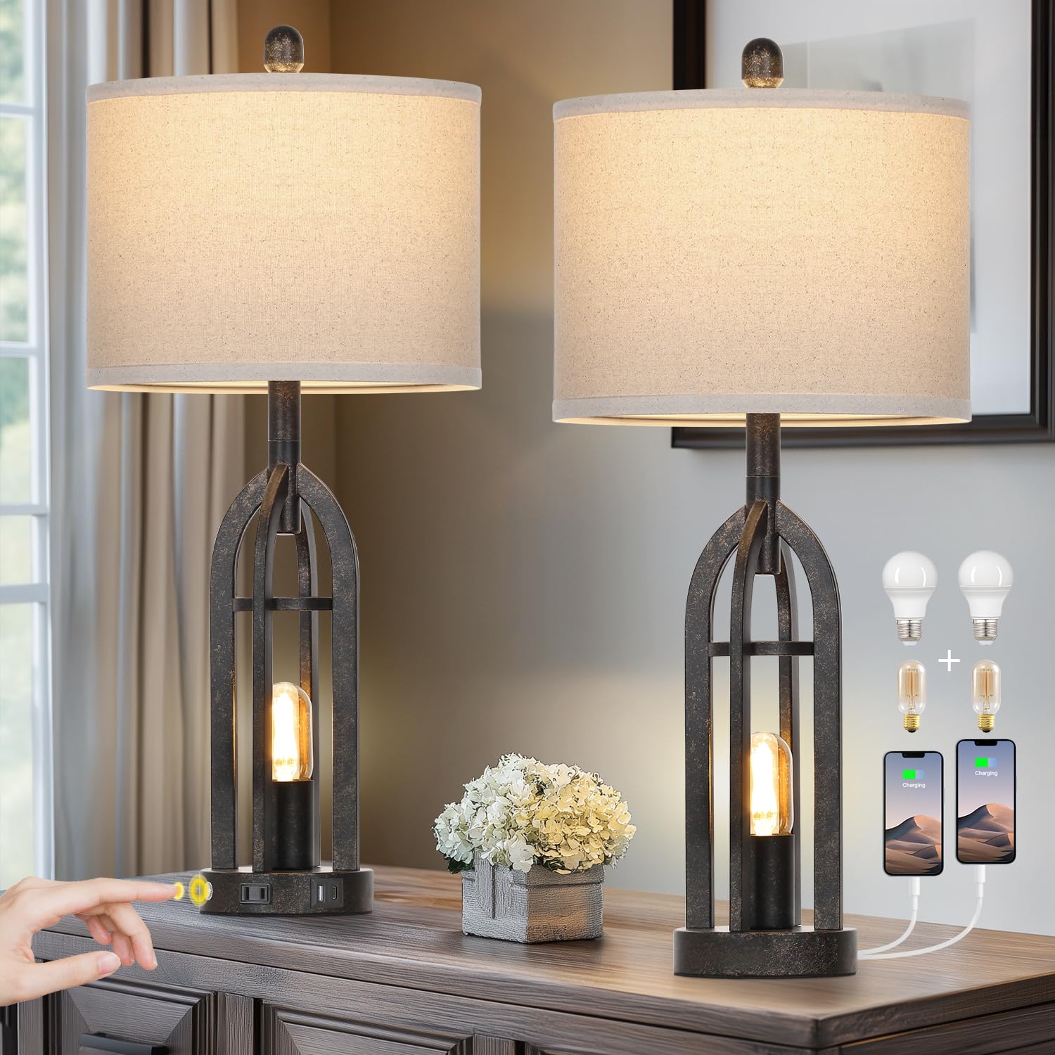 Cinyirong 27'' Rustic Table Lamps For Living Room - Farmhouse Lamps Set Of 2 With Usb C+A & Outlet, 3-Way Dimmable Touch Lamps F