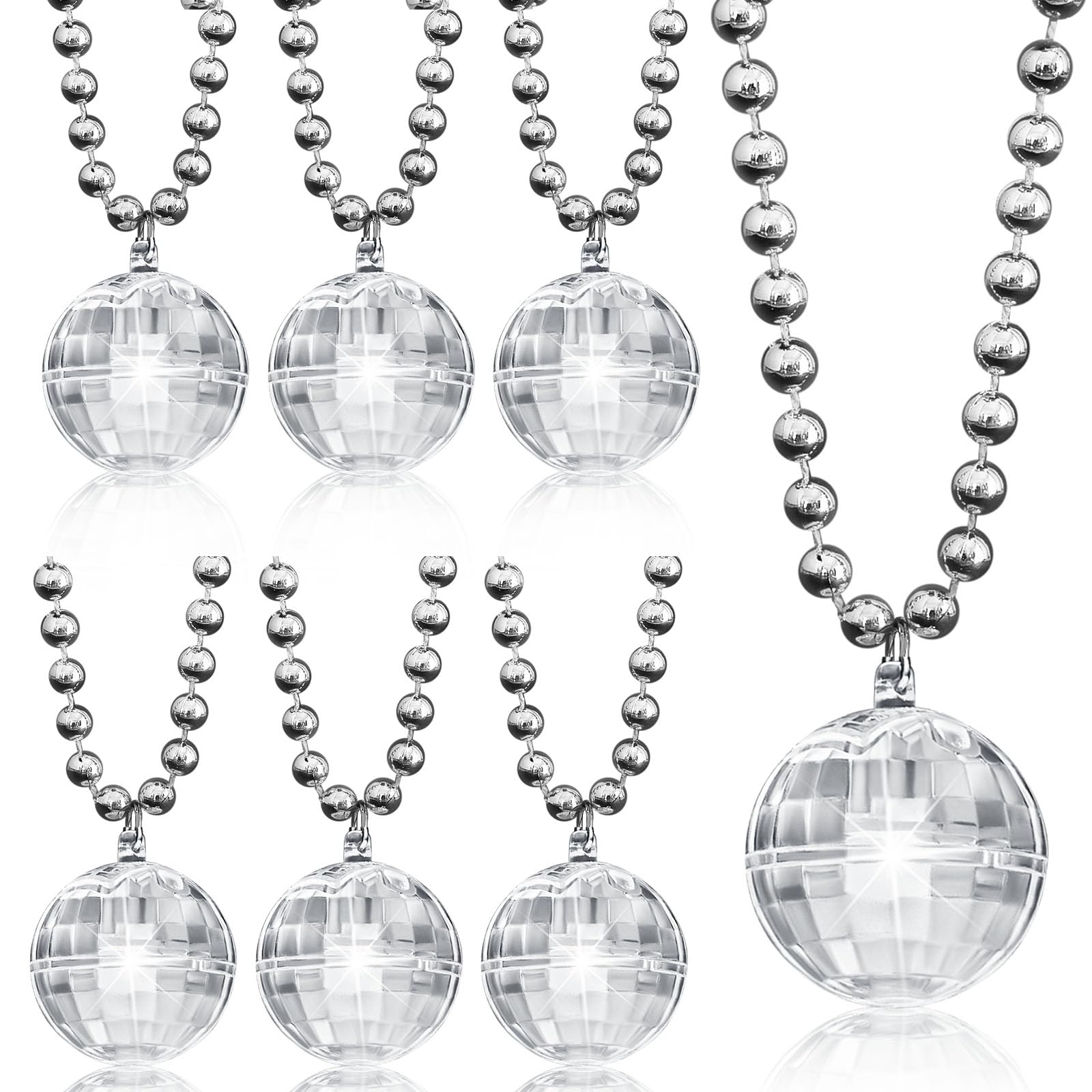 Henoyso LED Disco Ball Necklaces - 6 Pcs Light Up Party Accessories for Women - Silver, White Light - Perfect for 70s Costume Parties