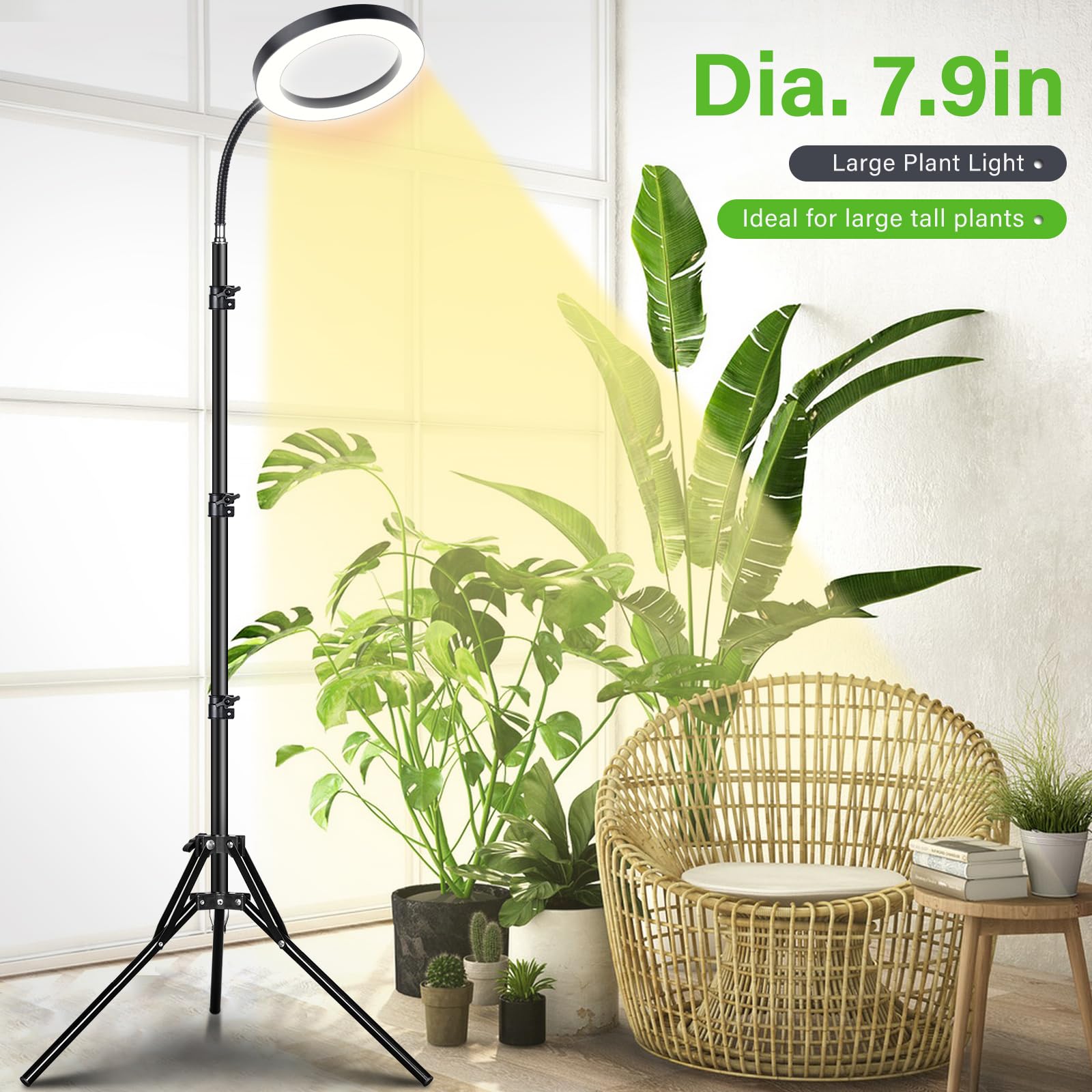 Lordem Grow Light For Indoor Plants, Full Spectrum Plant Light With Auto Timer For 4/8/12H, 7.9&quot; Diameter Growing Lamp With 108 Leds, 4 Dimmable Levels, Adjustable Stand 24&quot;-67&quot;