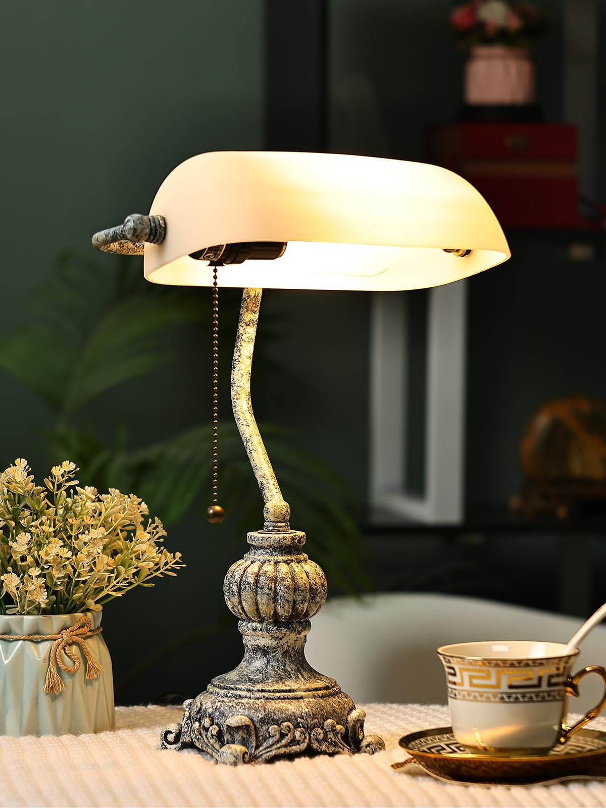 Newrays Retro White Matted Glass Bankers Desk Lamp For Home Office,Library With Pull Chain Switch Plug In Fixture, Led Bulb Incl