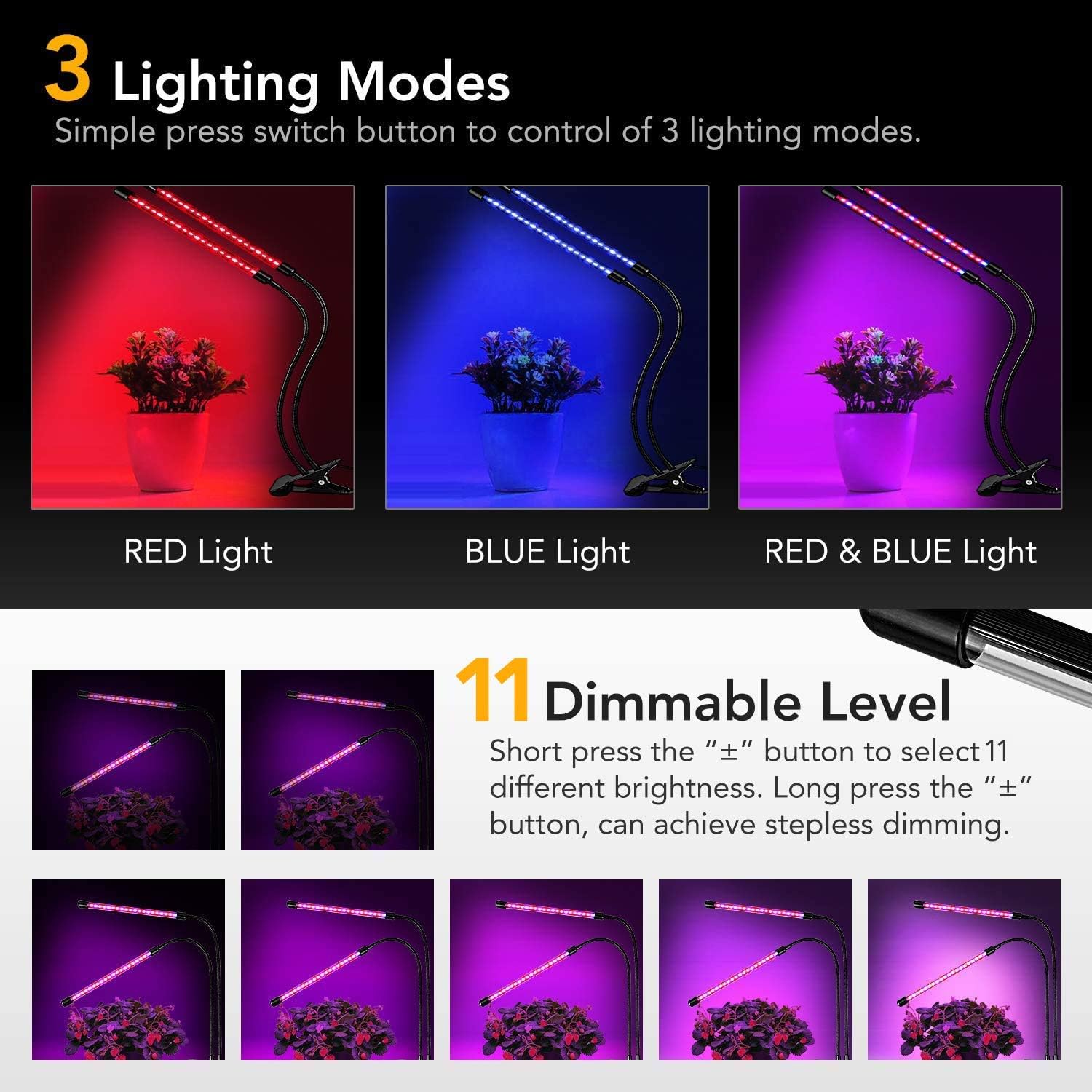 iPower LED Grow Light with Adjustable Gooseneck, Red&Blue Spectrum, 2 Tubes, 11 Dimmable Levels, Auto ON/OFF, 3/9/12H