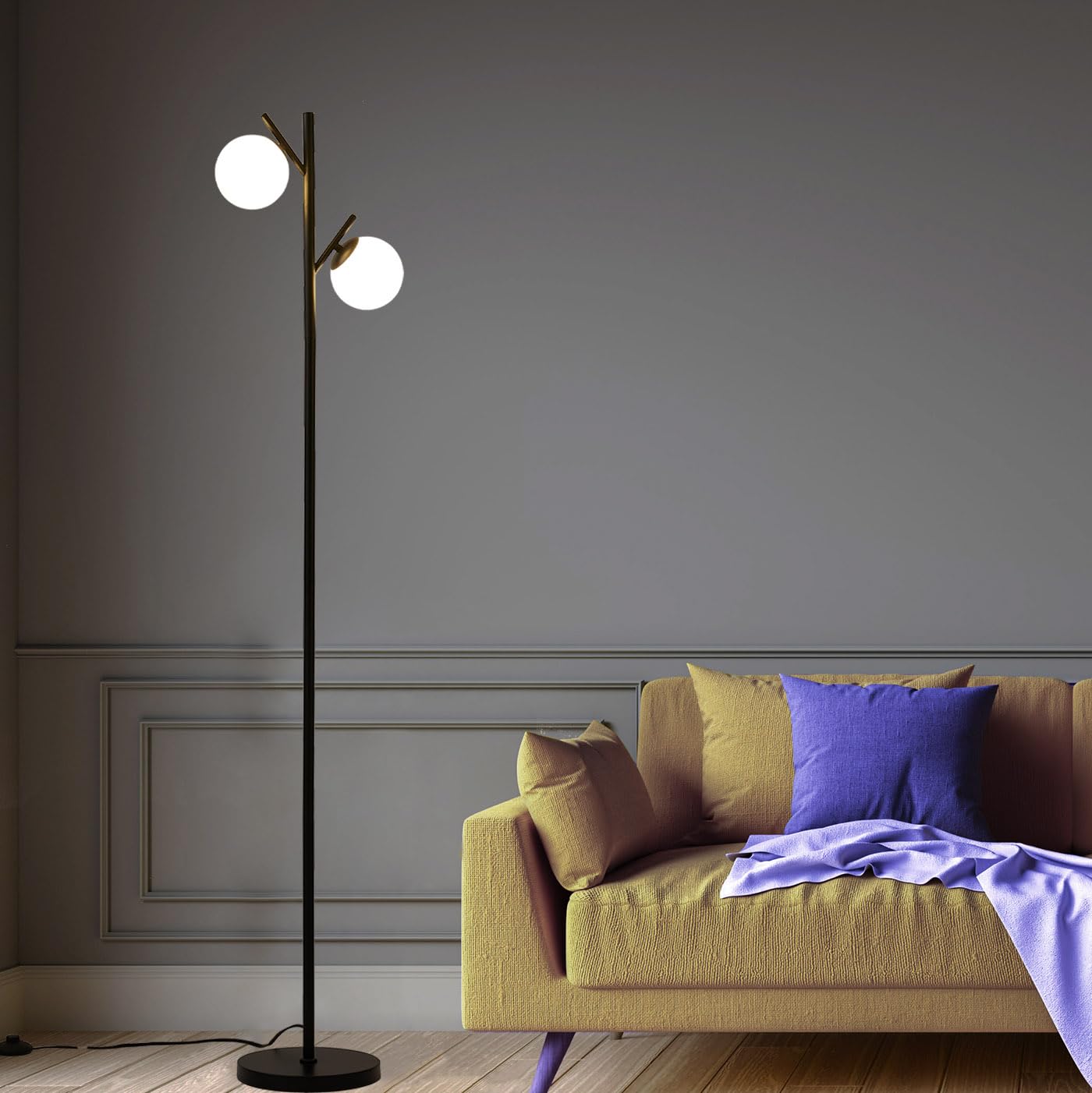 Fiqevs Black Mid Century Floor Lamp With 2 Led Bulbs & Frosted Glass Shades For Living Room