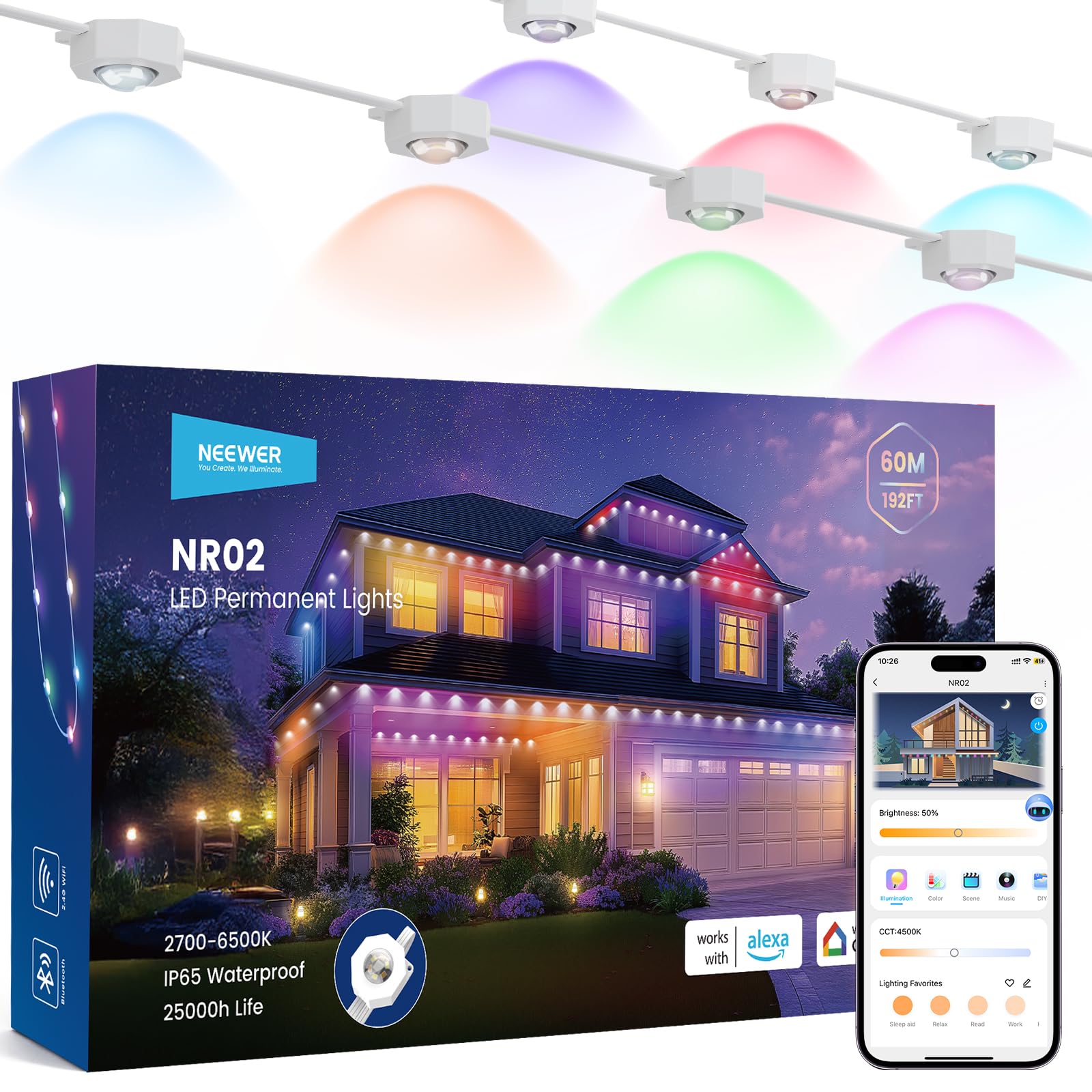 NEEWER 196ft Permanent Outdoor Lights for House Decor, Smart AI RGBCW Outside Eaves String Christmas Lighting with 120 LED Light
