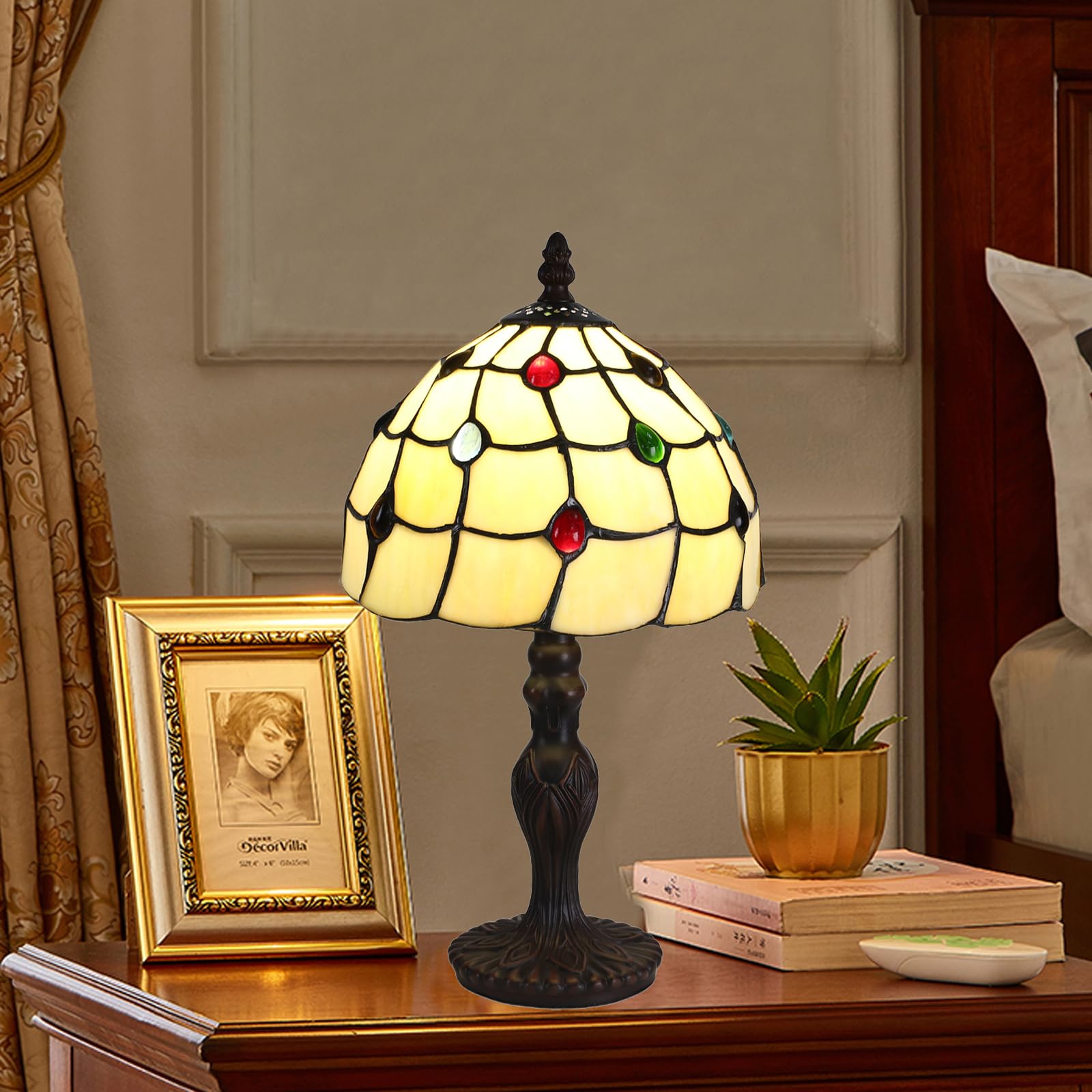 Tuomoxte Tiffany Style Table Lamp, 8 Inch Stained Glass Lamp, Small Antique Bedside Lamp, For Nightstand Bedroom Living Room Hom