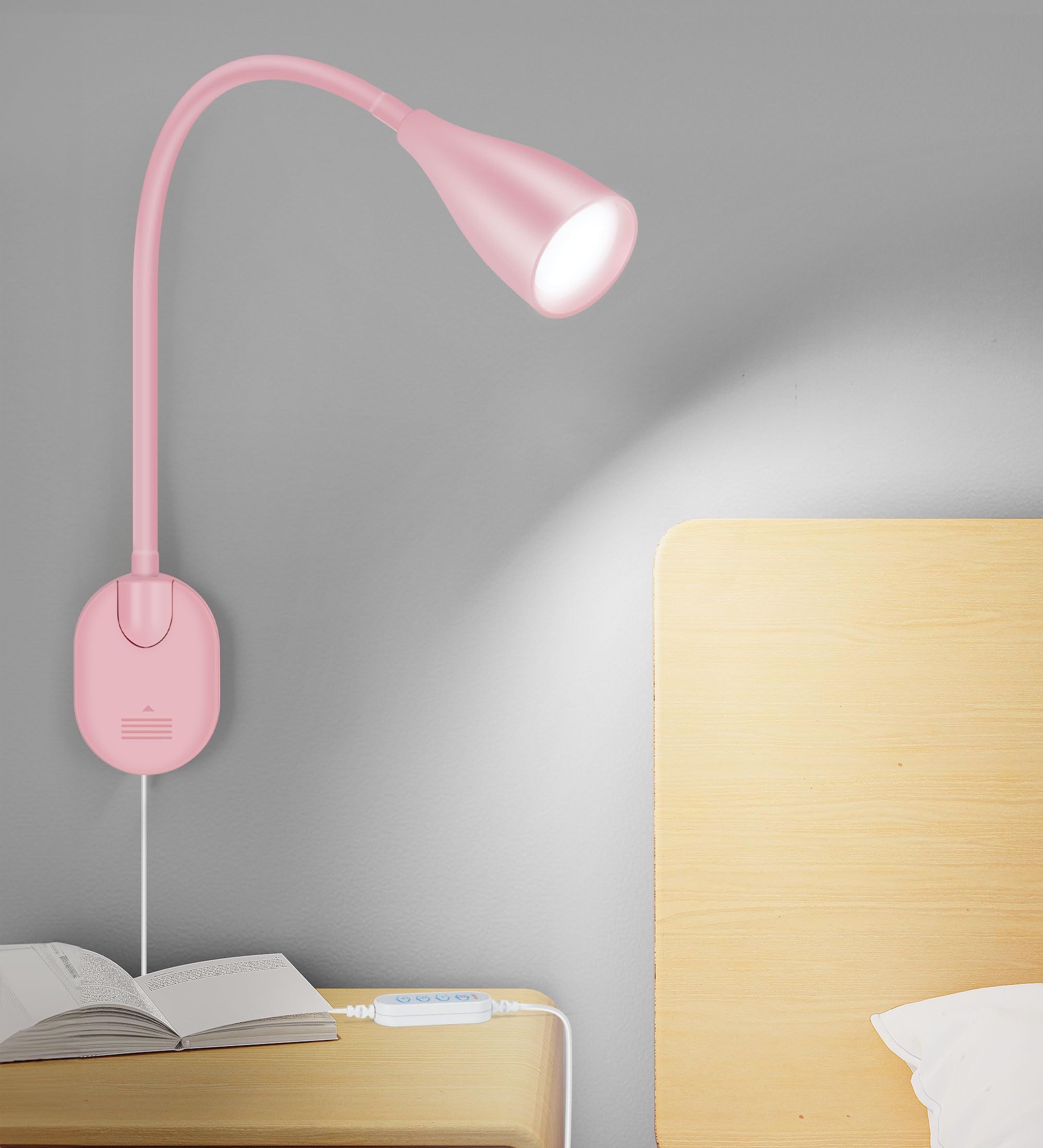LiFMIRA Wall-Mounted LED Bedside Reading Light with USB Charging Port  10-Level Dimmable & Adjustable 5 Color  Plug-in Adhesive Night Lamp for Books in Bed  Eye-Caring Bedroom Lighting (Pink)
