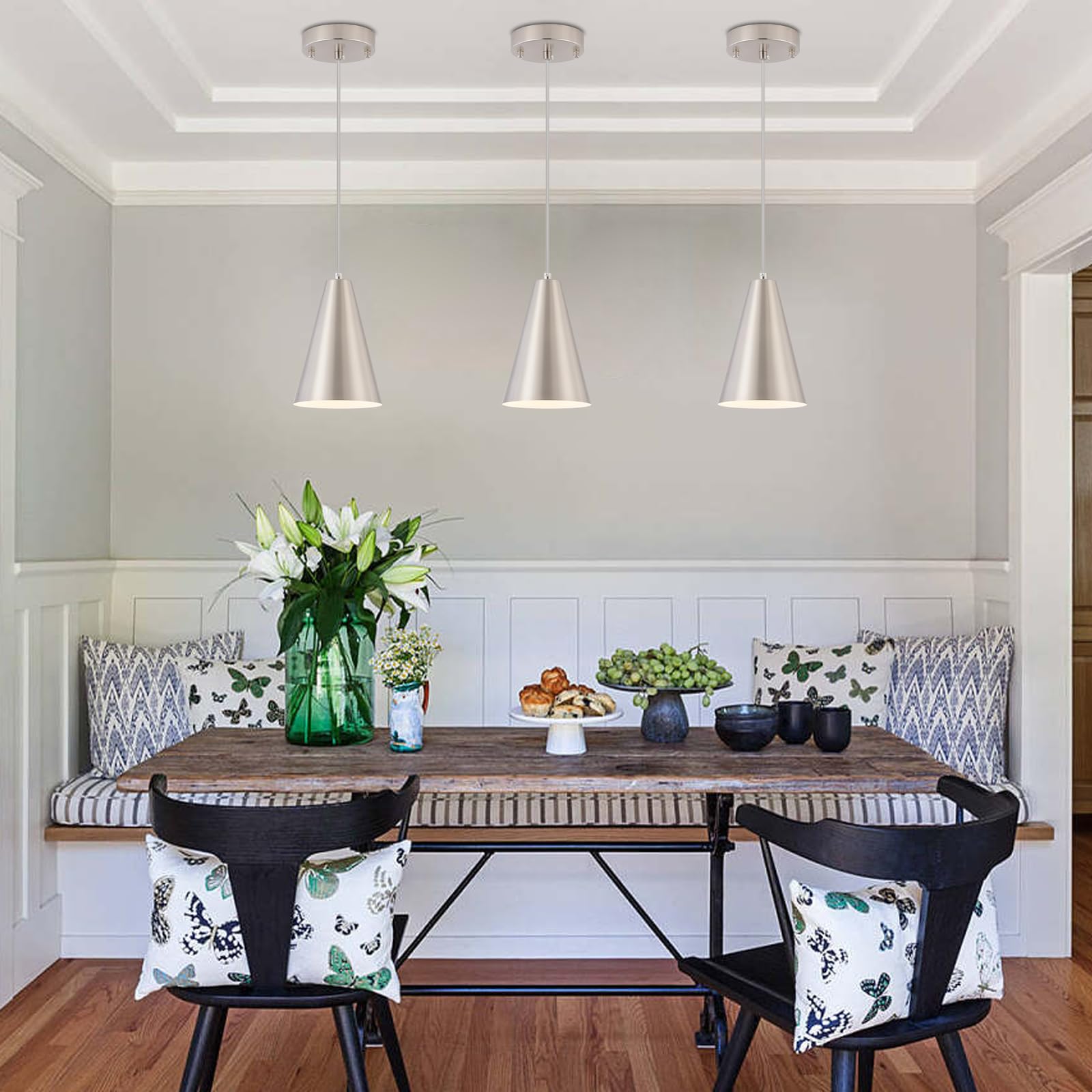 Dijiahua Brushed Nickel Pendant Lights 3 Pack, Metal Shade, Adjustable Cord, Modern Farmhouse Chandelier, Model P-JDH062