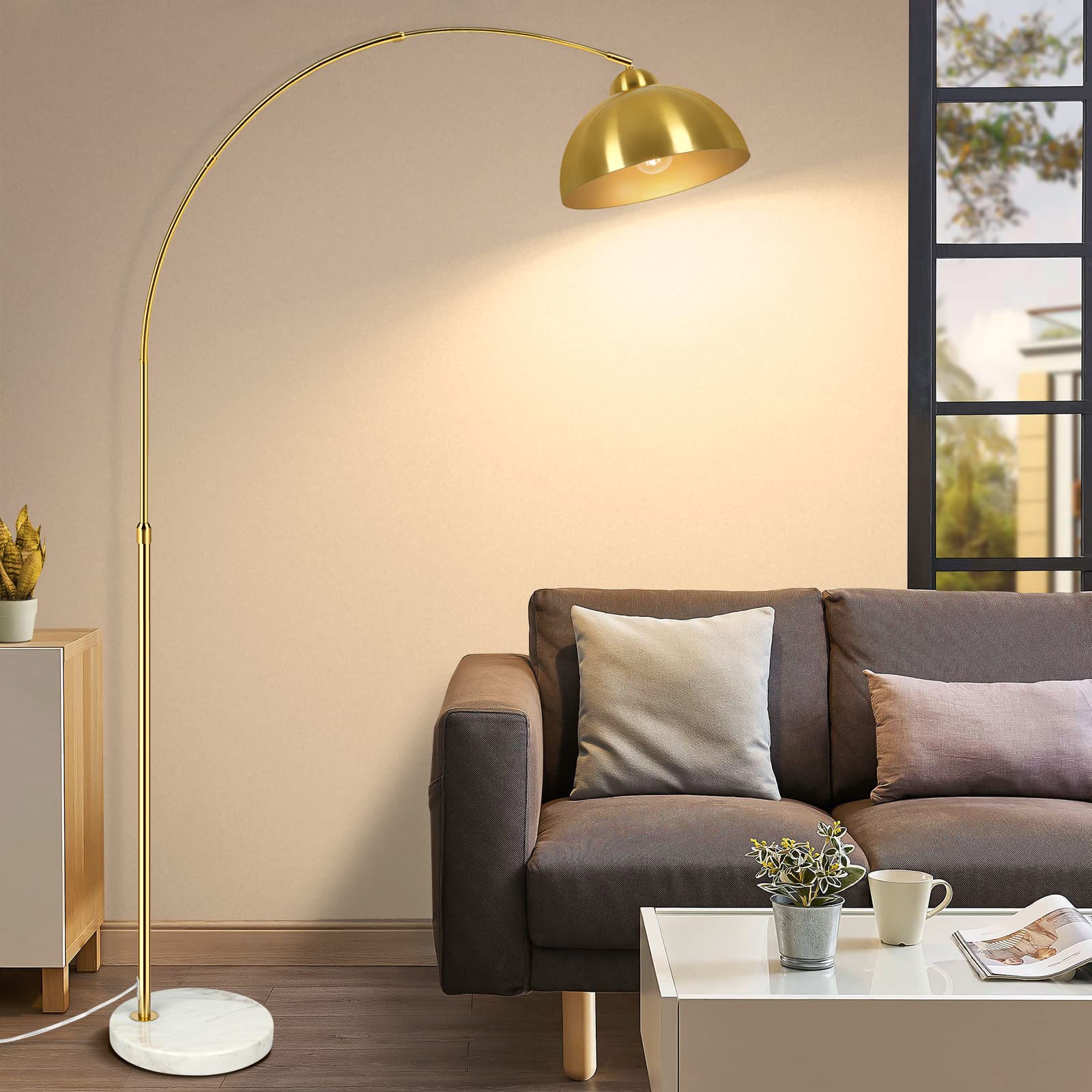 Gobright Contemporary Gold Arc Floor Lamp - Adjustable Dome Shade & Marble Base For Living Room