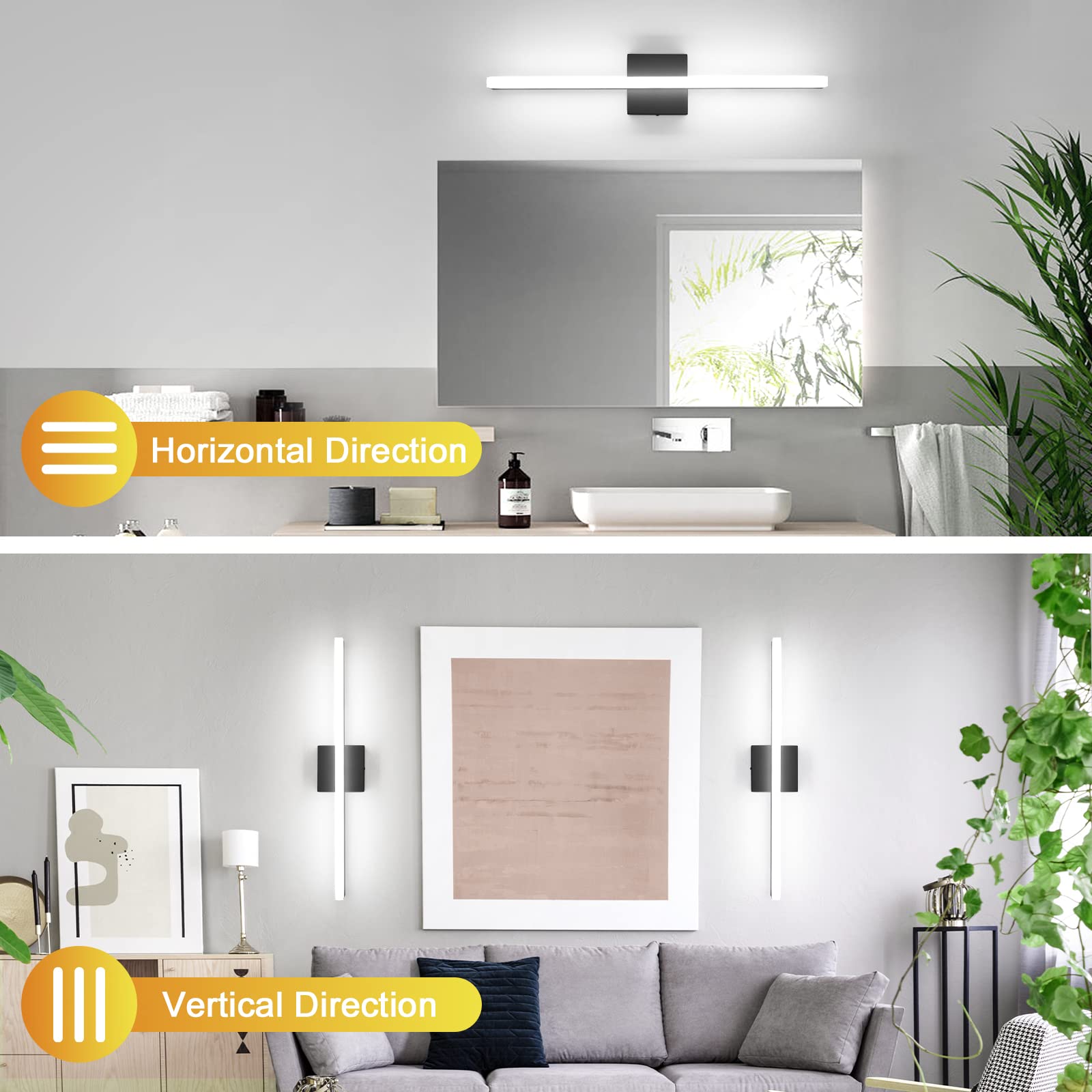 Combuh Bathroom Light Fixtures Black Vanity Lights 24 Inch 14W Set of 2 IP44 Wall Sconces 6000K