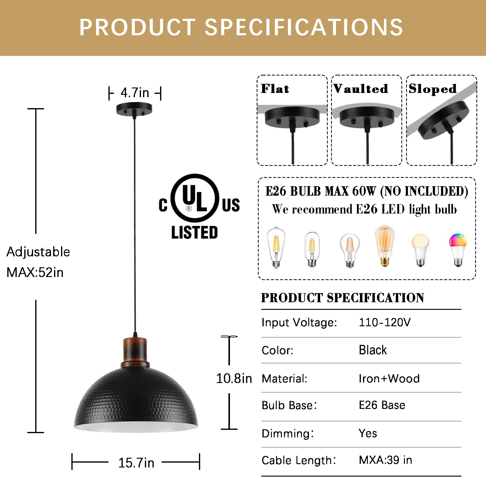 Mgcanyu 2 Pack Solid Wood Pendant Lights, 16" Black Metal Dome Ceiling Fixture for Kitchen Island, Farmhouse Dining Room