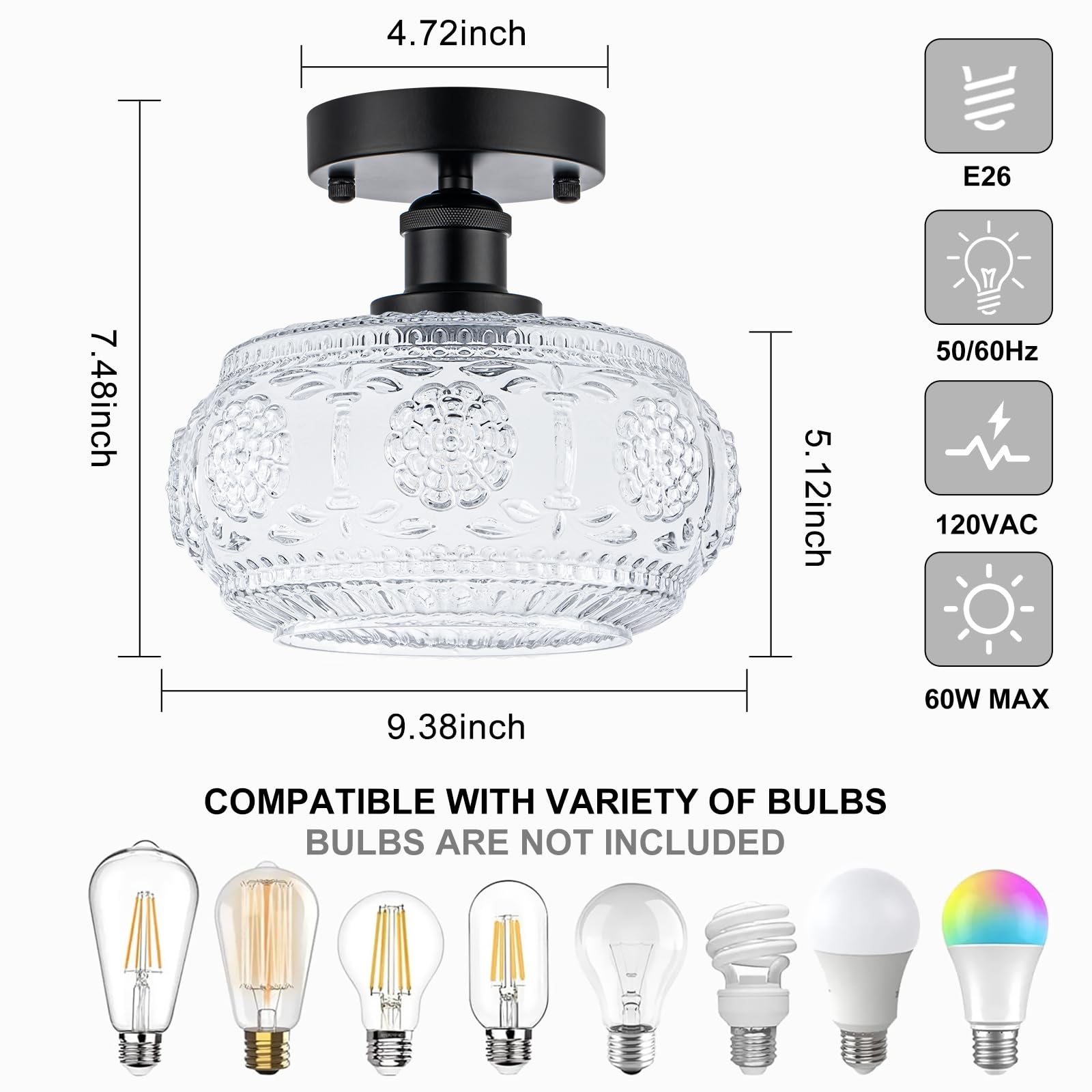 Tbaoinla Semi Flush Mount Ceiling Light Fixture - Black Metal Base & Floral Glass Shade  Modern Vintage Lighting For Entryway  Bathroom  Kitchen  Bedroom (Bulb Not Included)