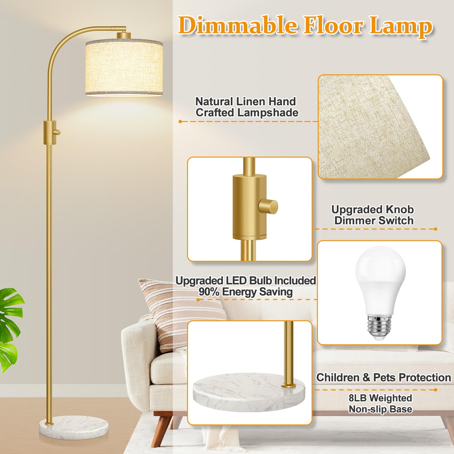 Nintiue Dimmable Gold Arc Floor Lamp, 1200 Lumens LED, Marble Base, Modern Standing Lamp for Living Room & Bedroom