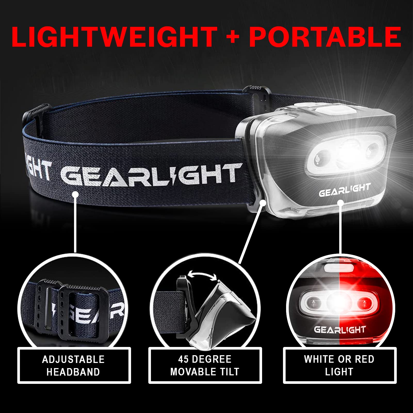 GearLight LED Headlamp 2-Pack - Adjustable, Lightweight, 7 Modes, Black, Model GL-LHS500-2P, Battery Powered