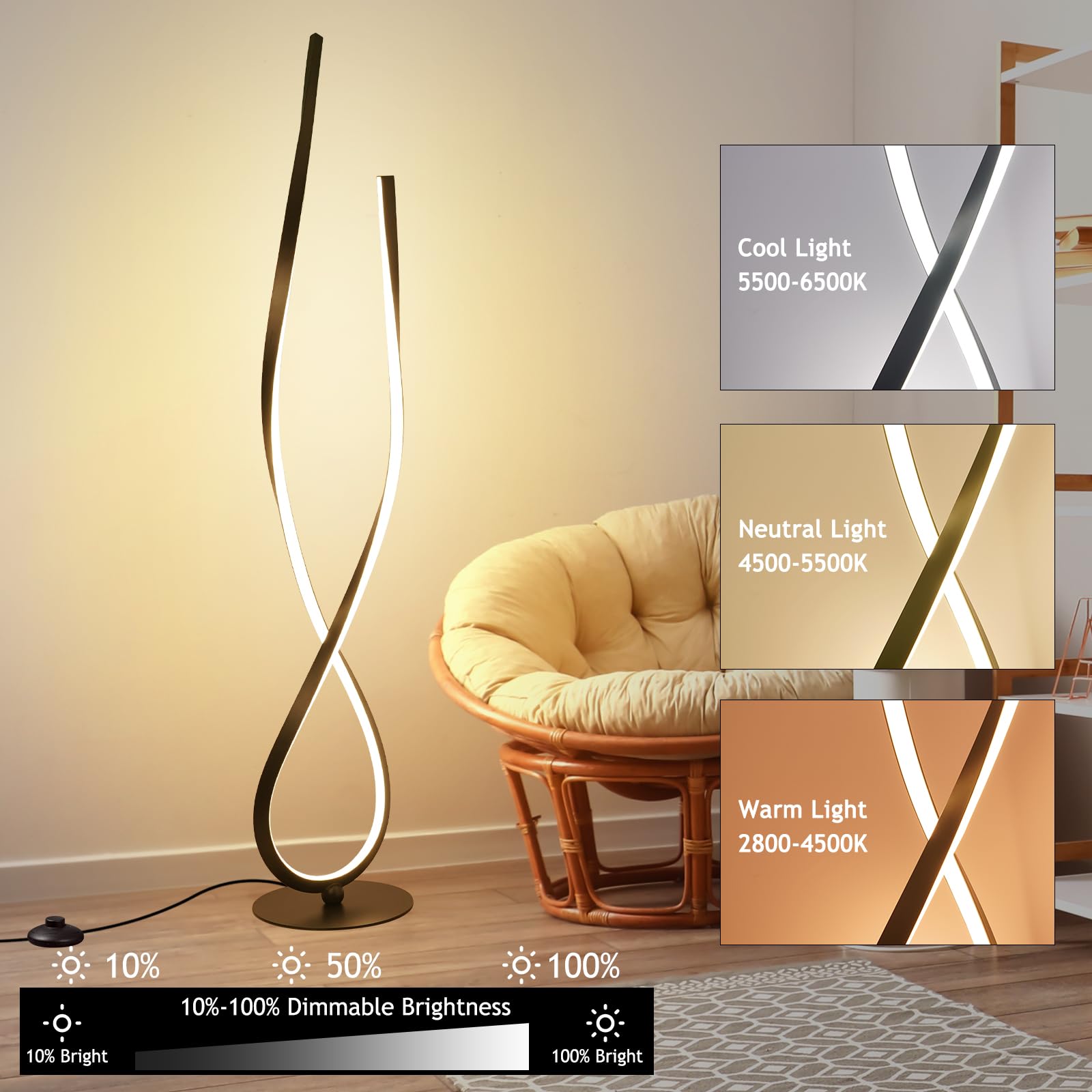 NUÜR Modern Spiral LED Floor Lamp, 59" Arched Black Design with Remote Control, Aluminum, Model FL001