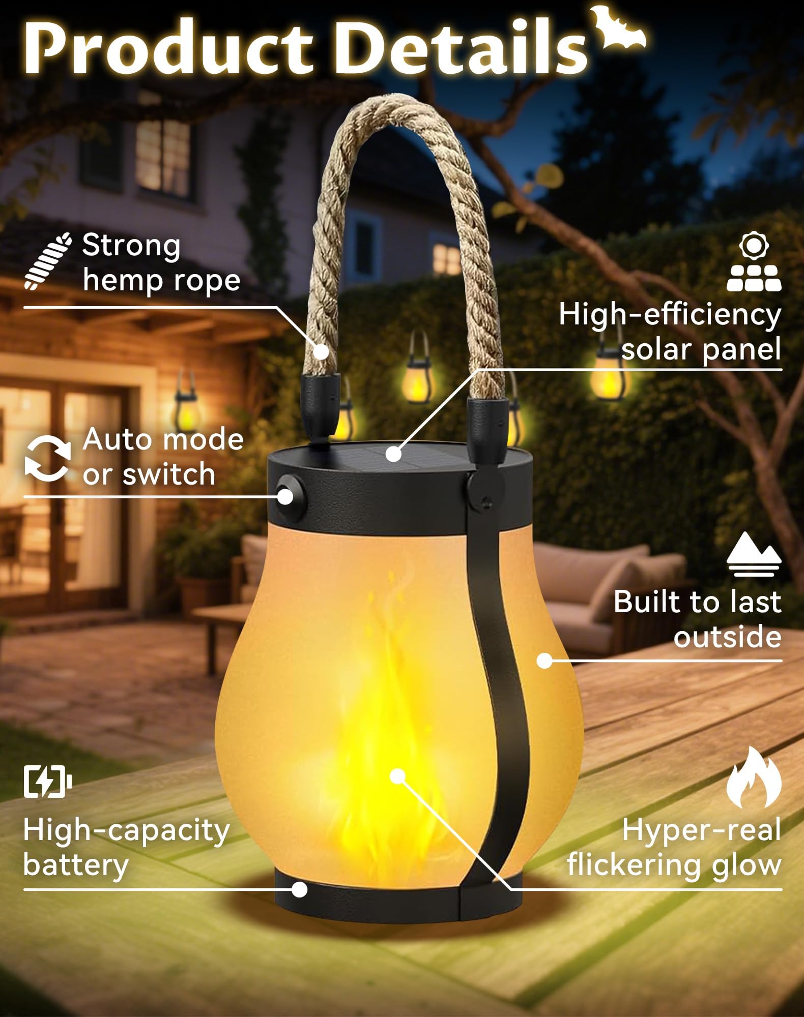 Lysliv Solar Lanterns - Waterproof USB Rechargeable with 3D Flickering Flame, Boho Design, 2 Pcs, Flame Color, Model Flame-01