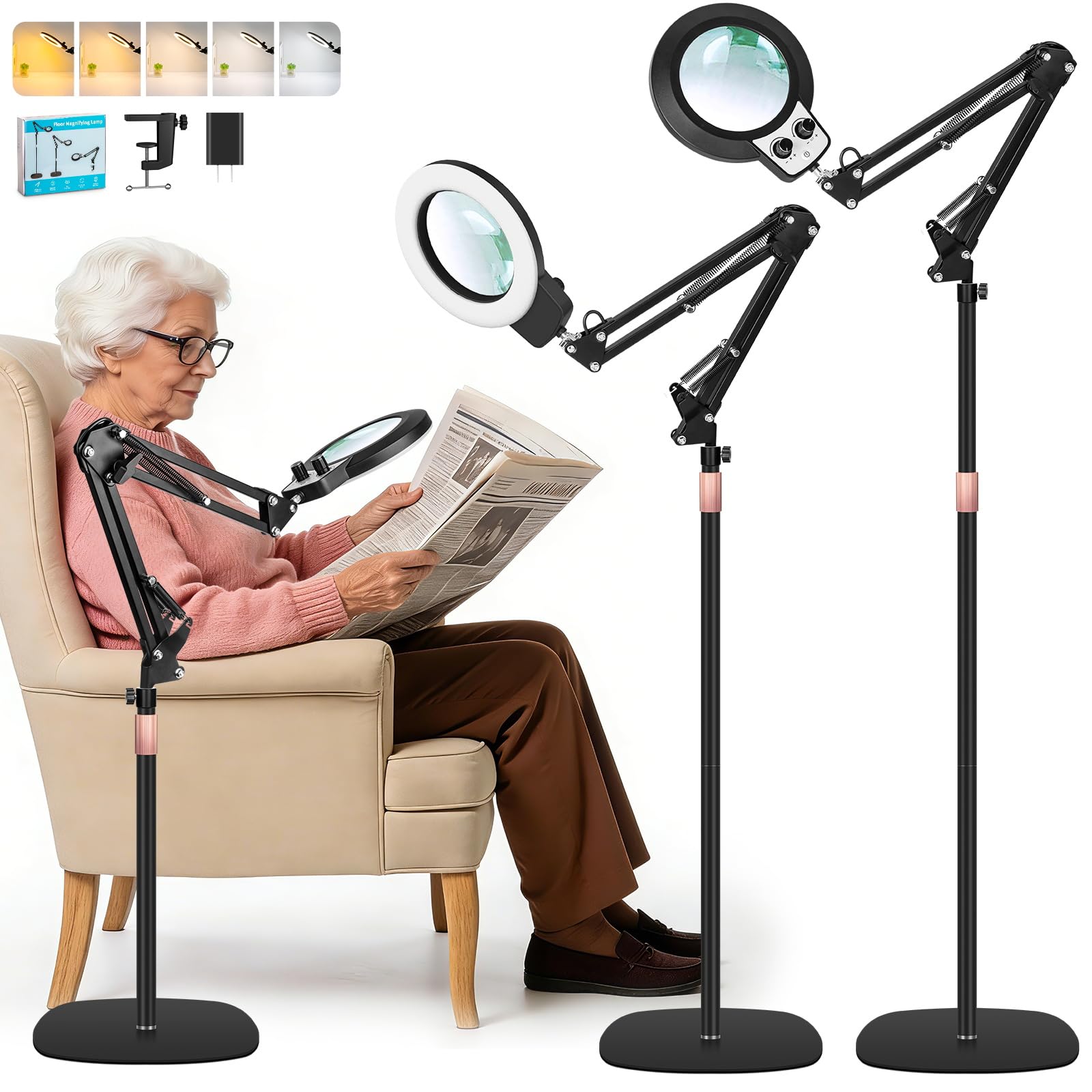 KMDES 12X Magnifying Floor Lamp, 2 in 1 Floor Magnifying Glass with Light and Stand for Craft Workbench Sewing Reading Painting,