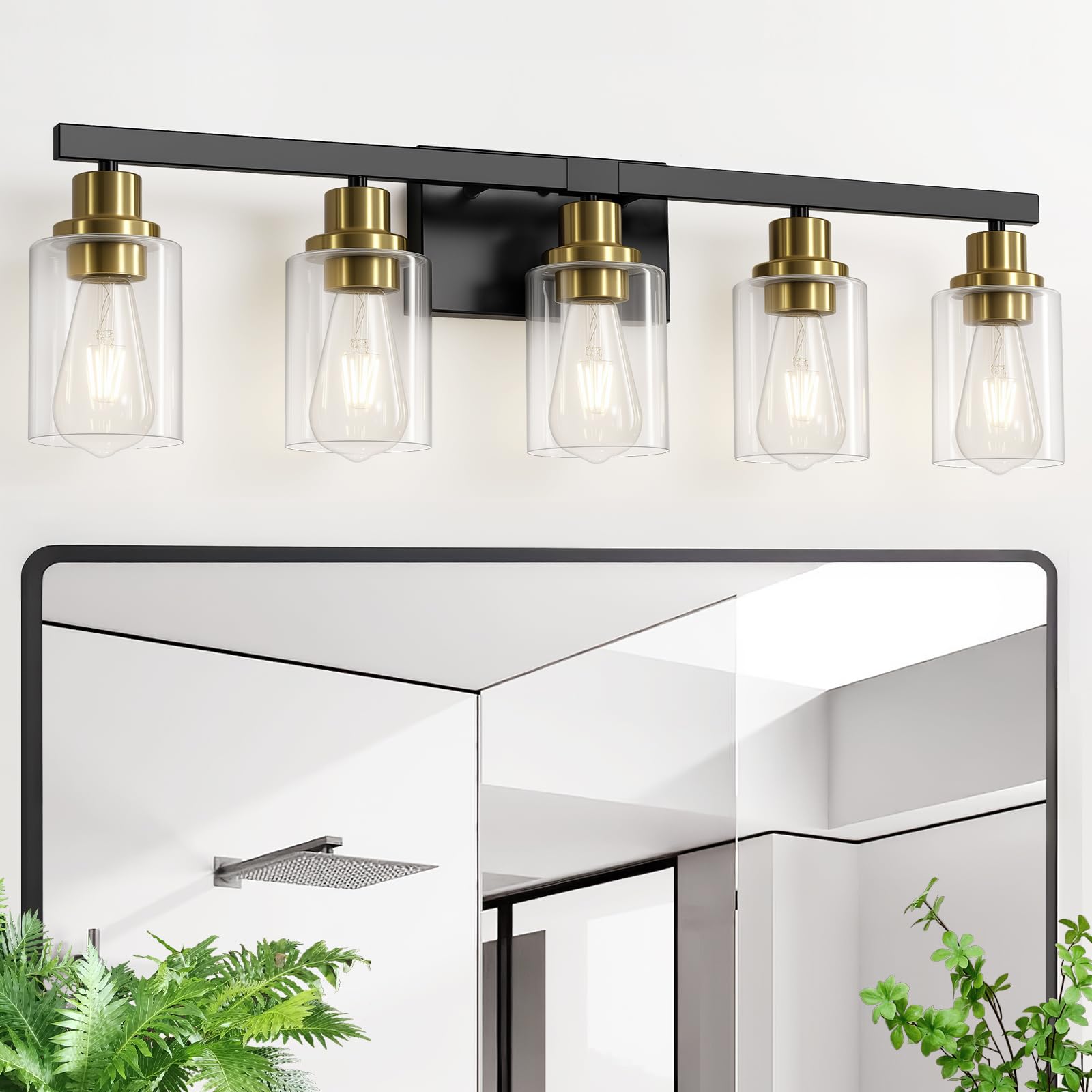 DIKAIDA 5-Light Bathroom Vanity Light Fixture, Black & Gold, Metal, 30in, Model BLBD-G-5, Clear Glass Shades