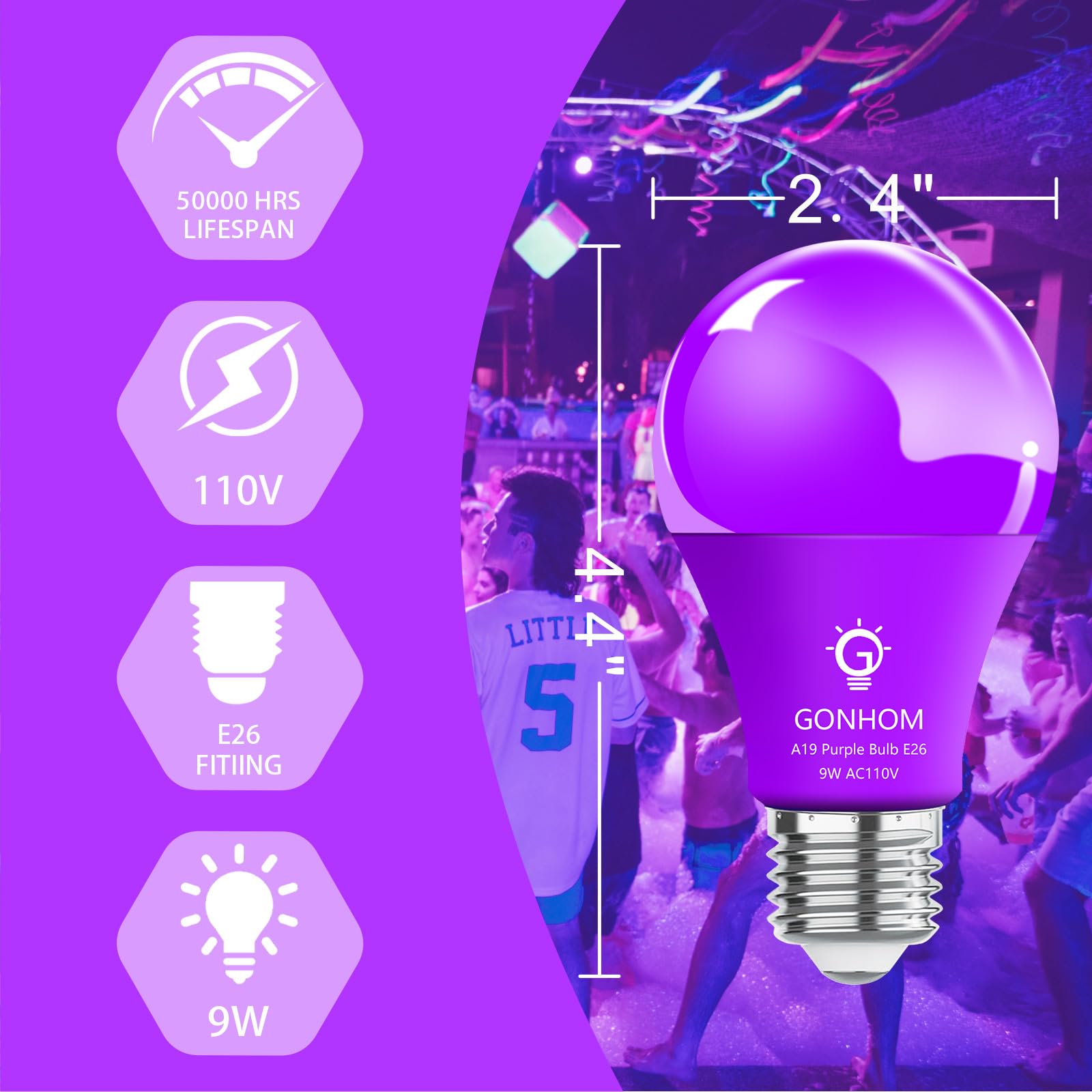 Gonhom 2 Pack A19 LED Purple Light Bulb,9 Watt Purple Lights Equivalent 100 Watt Colored Light Bulbs,E26 Base Purple LED Lights
