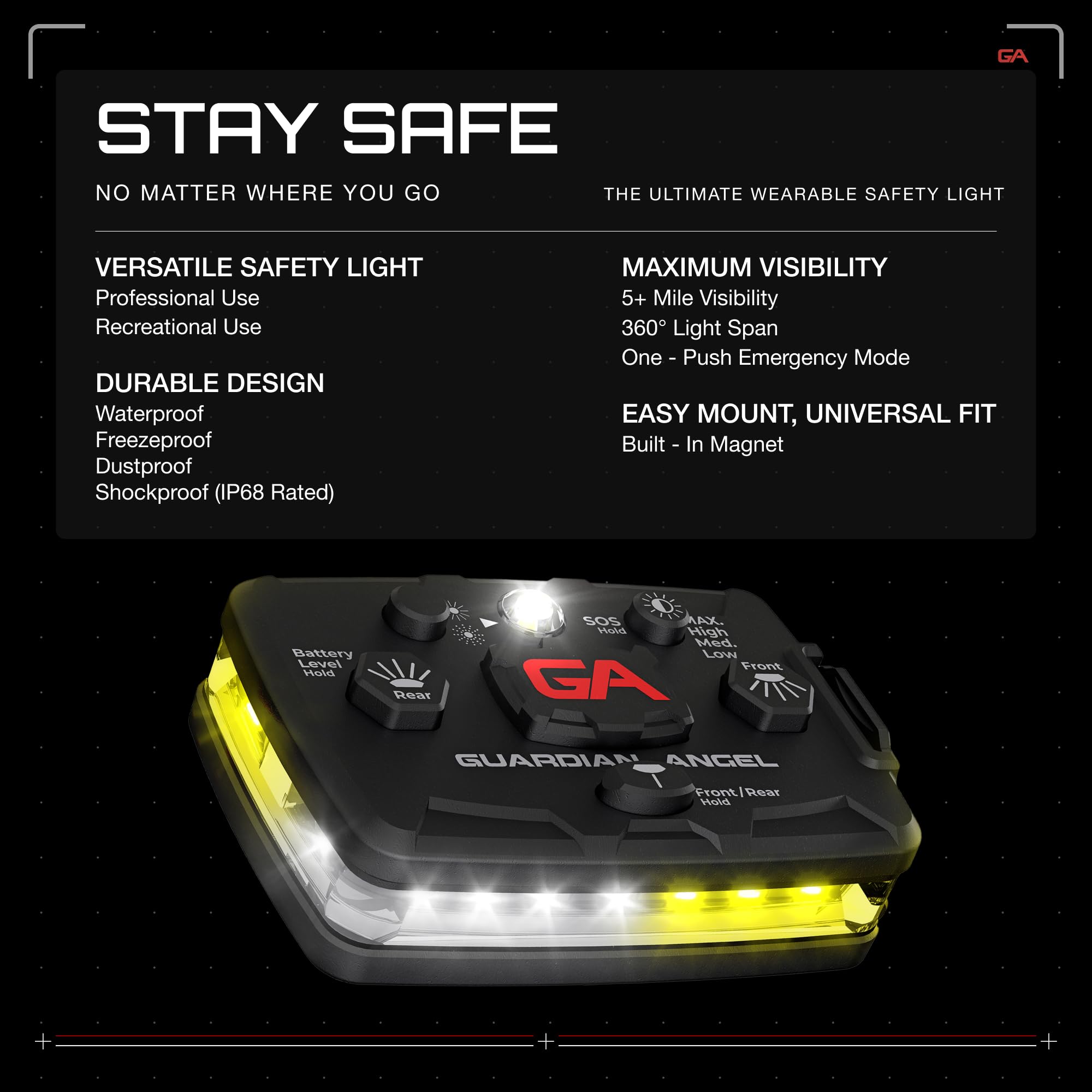 Guardian Angel Elite Series Safety Light - White/Yellow Front & White/Yellow Rear - Rechargeable, Magnetic, Hands-Free Wearable