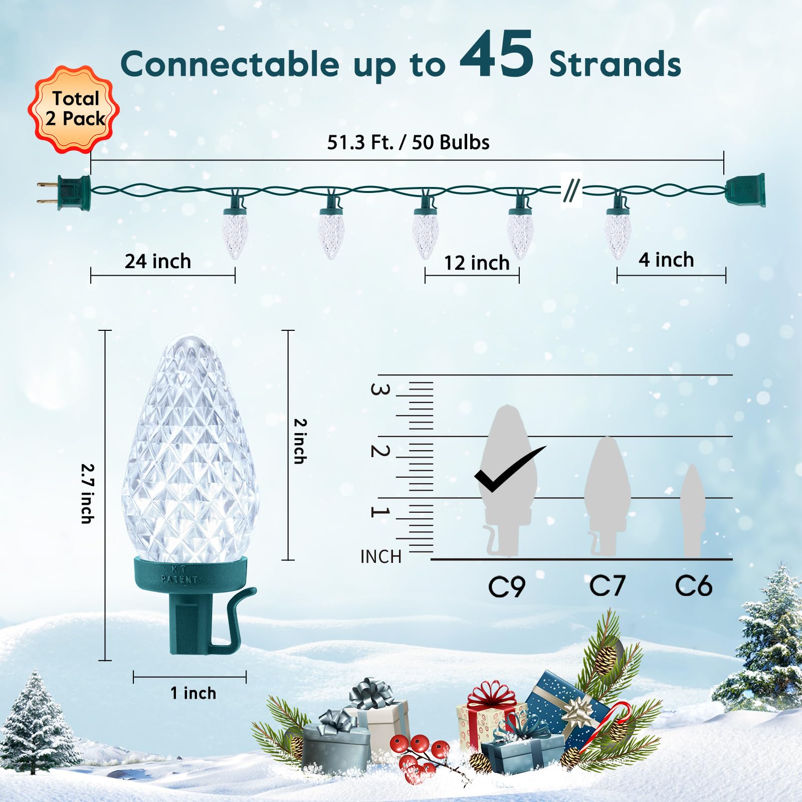 2Pack C9 Led Christmas Lights With 100 Spring Clips, Total 100Ft 100 Led Waterproof Strawberry String Lights, Commercial Grade Extendable Perfect For Roofline Patio House Xmas Decor, Pure White