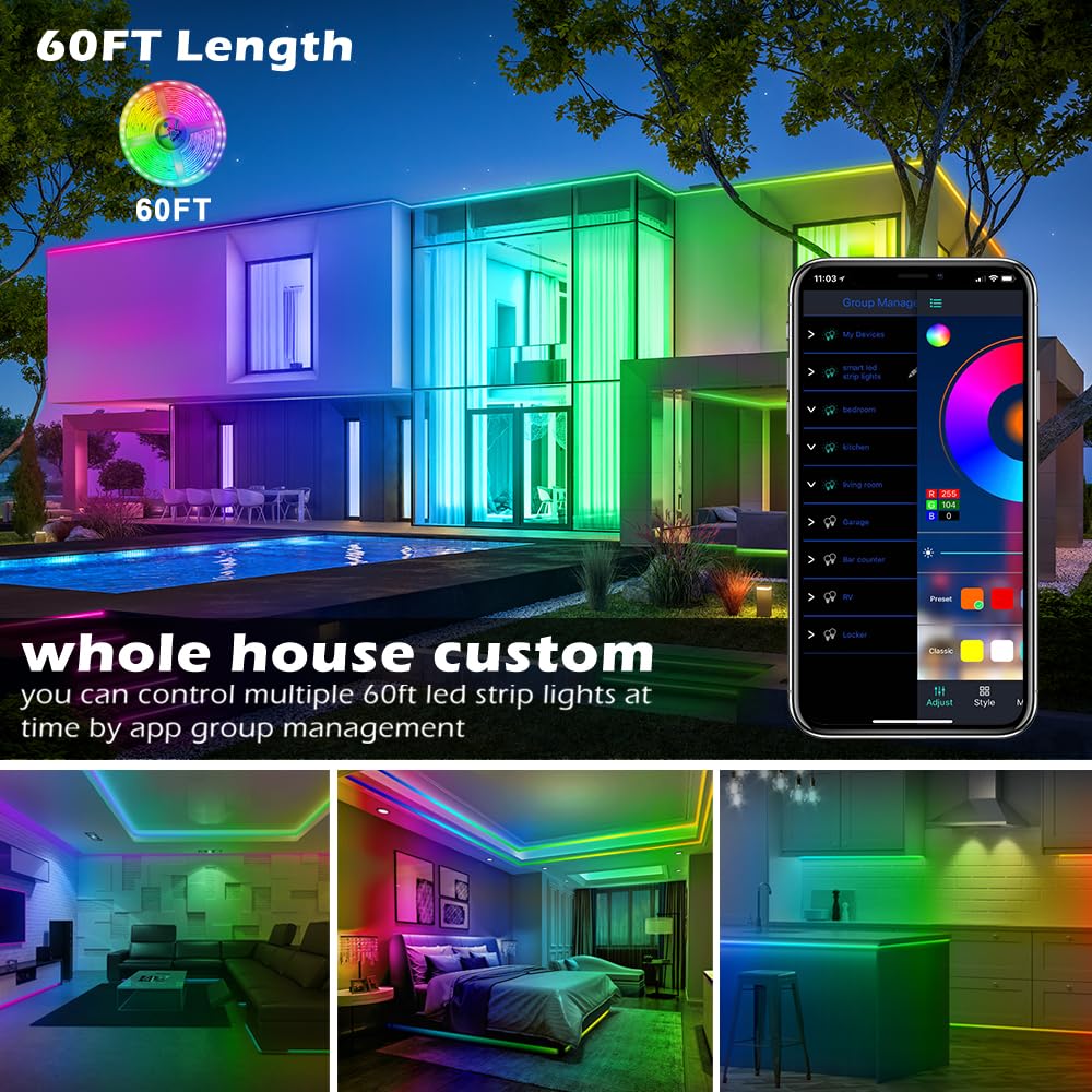 Ailbton Led Strip Lights,60Ft Music Sync Color Changing, Built-In Mic,Bluetooth App Control Led Tape Lights With Remote,5050 Rgb
