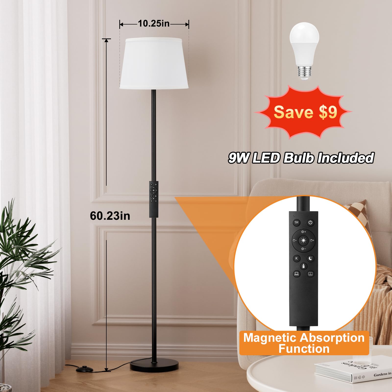 Raexpectis Modern Floor Lamp With Adjustable Brightness, Remote Control, Black, Led Bulbs, White Shade, Foot Switch, Easy Assemb