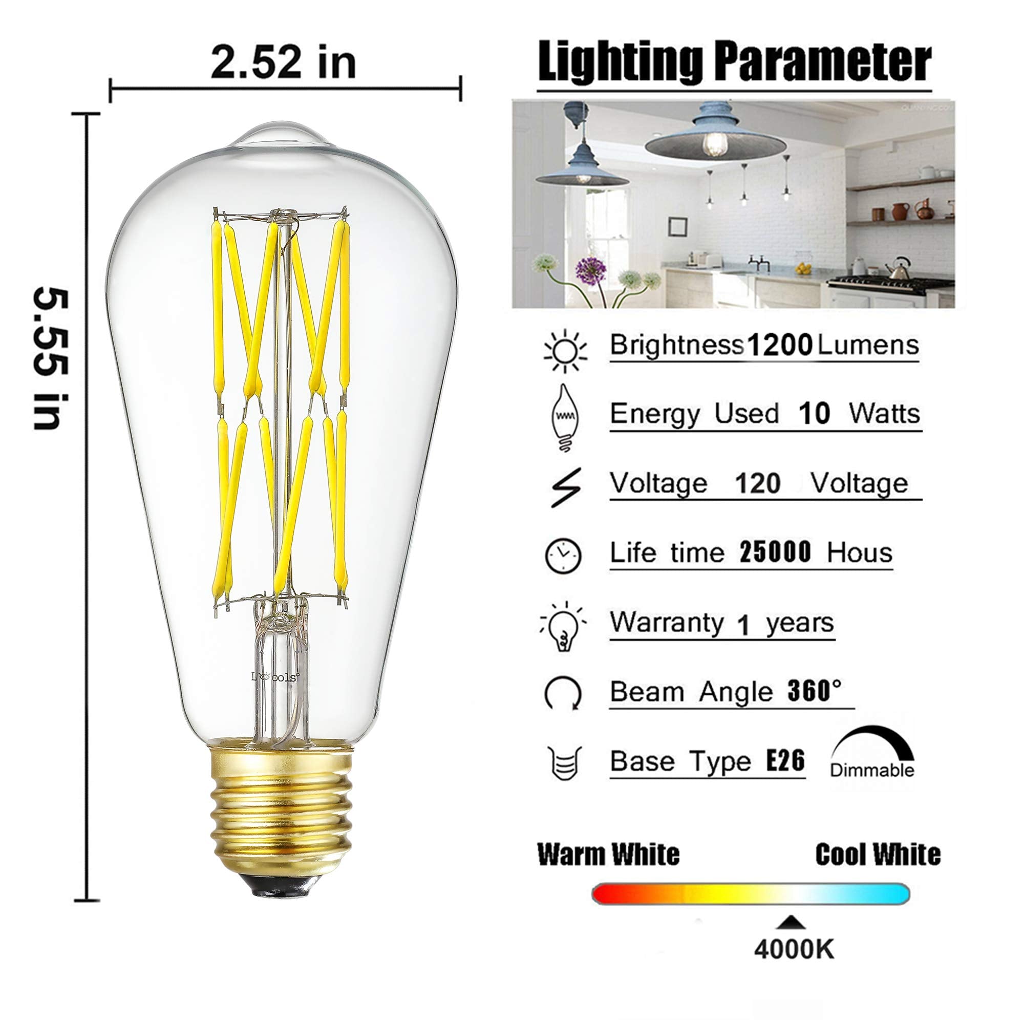 Leools Dimmable Edison Led Bulb 10W,Equivalent 100Watt, Antique Style St64 Led Filament Bulbs,Neutral White 4000K, 1200Lm, E26 B
