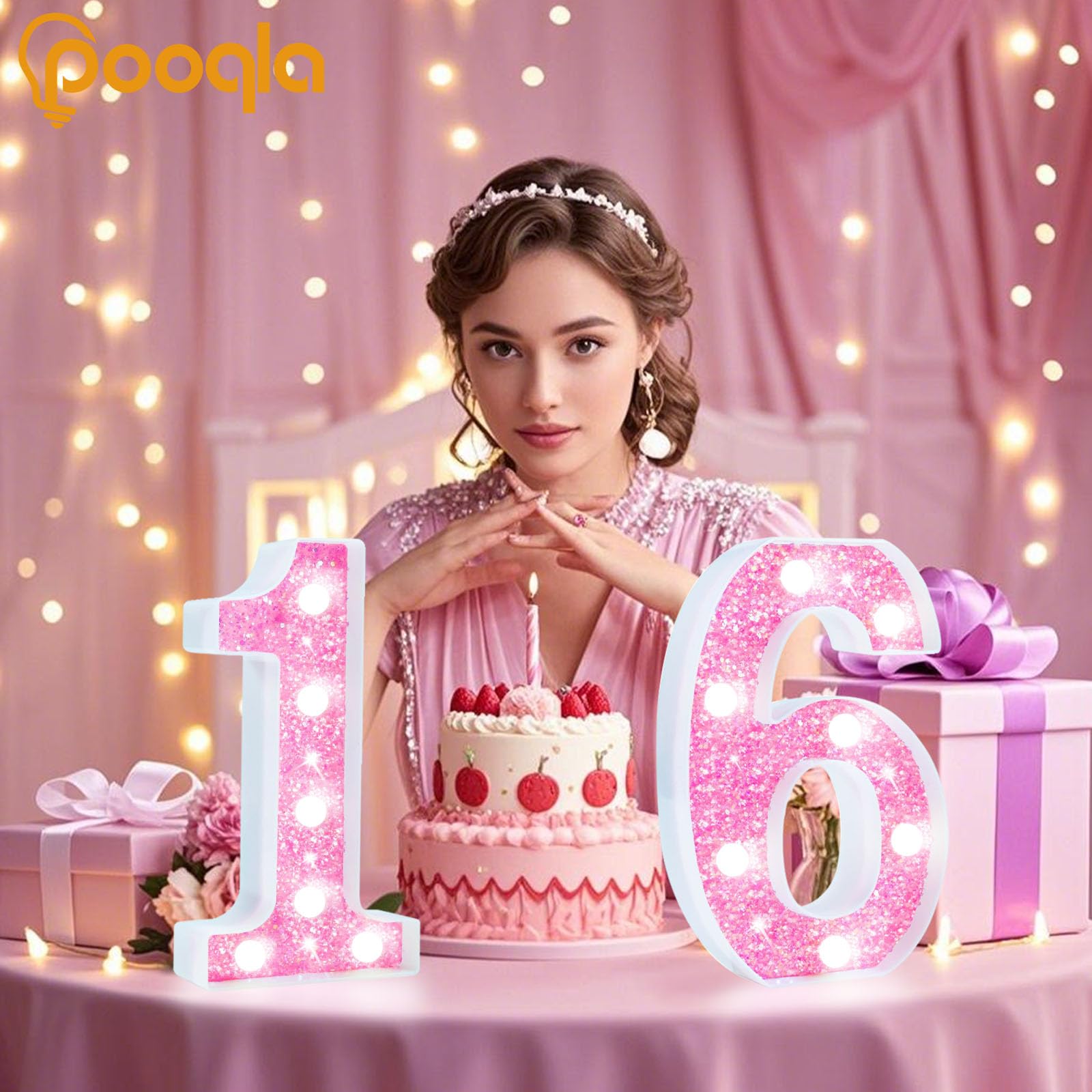 Pooqla Pink Light Up Number 9 - Battery Powered Glitter Night Light for Girls' Birthday, Cool White Party Decoration