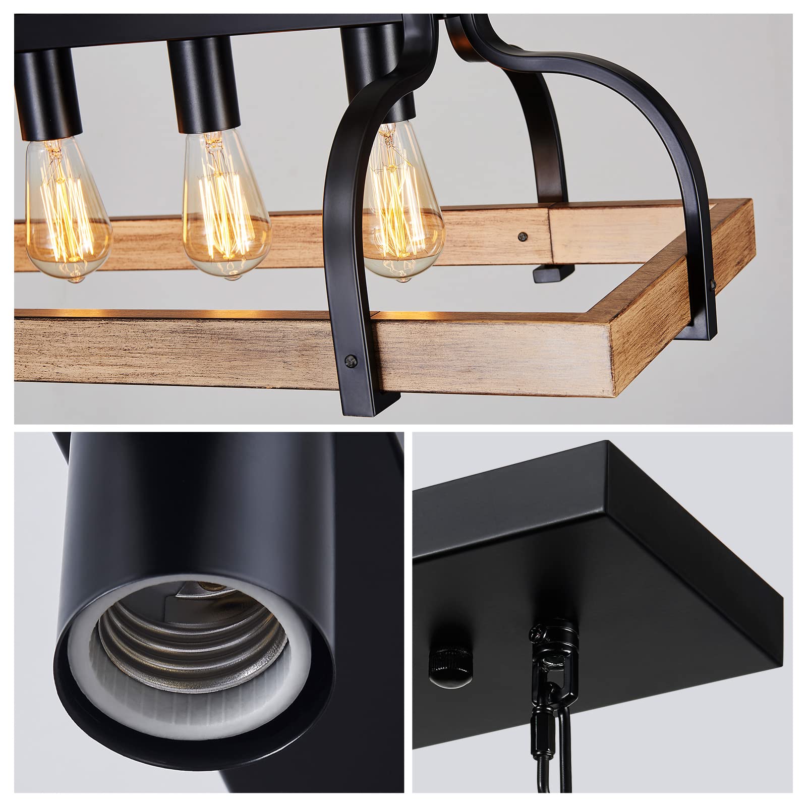 Wuzups 6-Light Metal Pot Hanging Rack Chandelier Imitation Light Wood Grain Linear Pendant Ceiling Lighting Rustic Farmhouse Fix