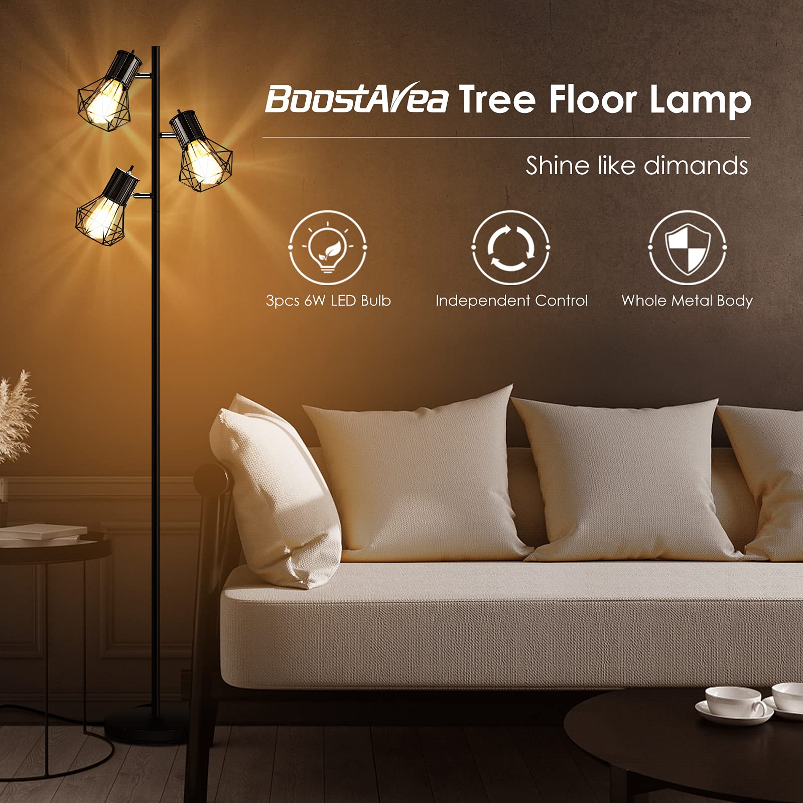 Industrial Floor Lamp, Standing Lamp, Farmhouse Tree Floor Lamp With 3Pcs 6W Edison Bulbs, Free Adjustable Cage Heads, Independe