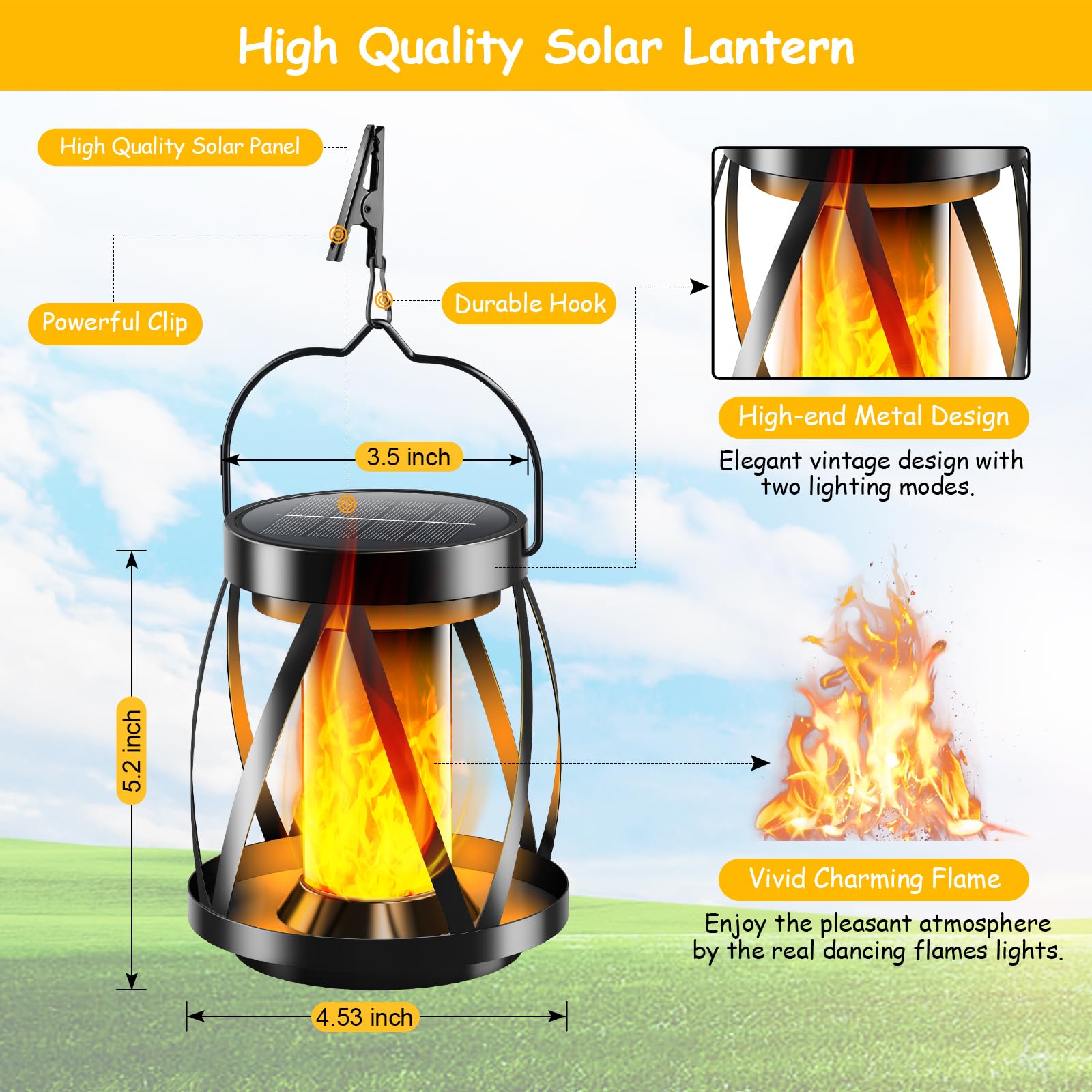 Garpar Solar Flickering Flame Lanterns Outdoor Waterproof - Upgraded Brighter Metal Hanging Solar Lights Outdoor, 2 Lighting Mod