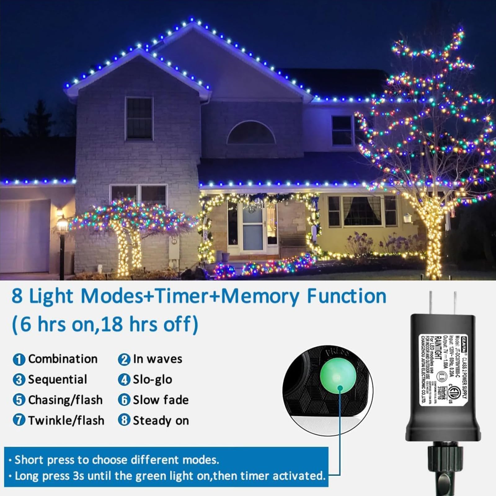 Yeguo 500 Led Christmas Lights, 165Ft Blue And White Waterproof String Lights, 8 Modes Indoor/Outdoor Decor