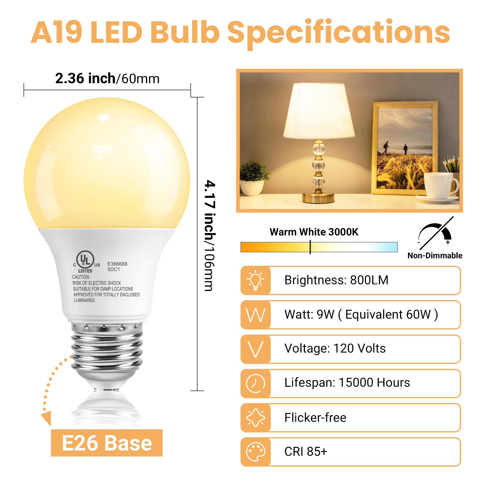 Volivo 24 Pack A19 Led Light Bulbs, 3000K, 9W(60W Equivalent), 800 Lumens, E26 Standard Base, Energy Saving Led Bulb, Non-Dimmab