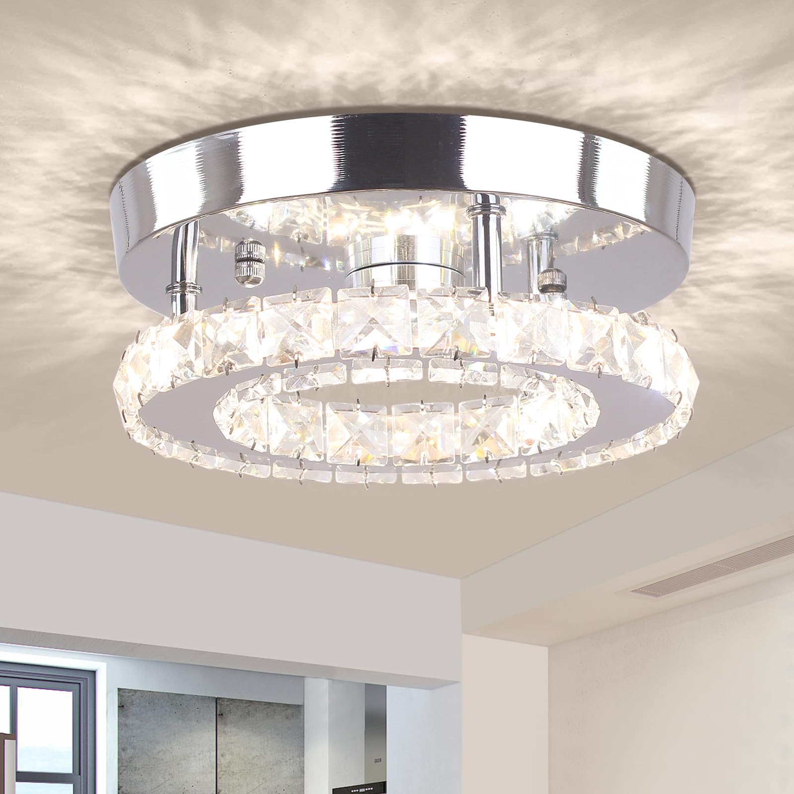 diisunbihuo Dimmable Mini Crystal Chandelier LED Flush Mount Ceiling Light Round Model XDY-D, Ideal for Hallway, Bedroom, Bathroom, Kitchen, Office
