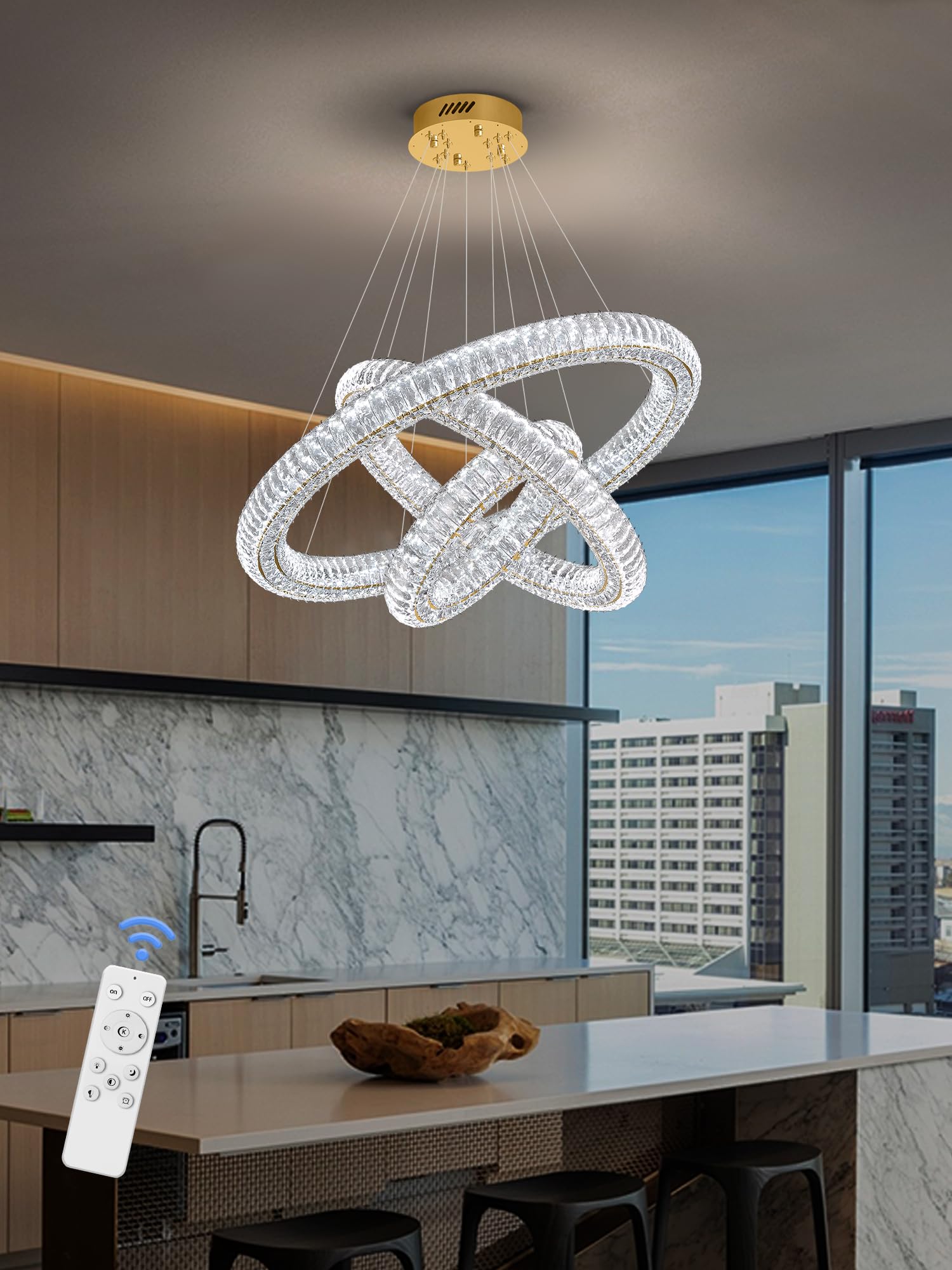 Idequy Gold 3 Rings Crystal Chandeliers For Dining Room Foyer High Ceiling 120'' Long Staircase Hanging Pendant Light D16+D24+D3
