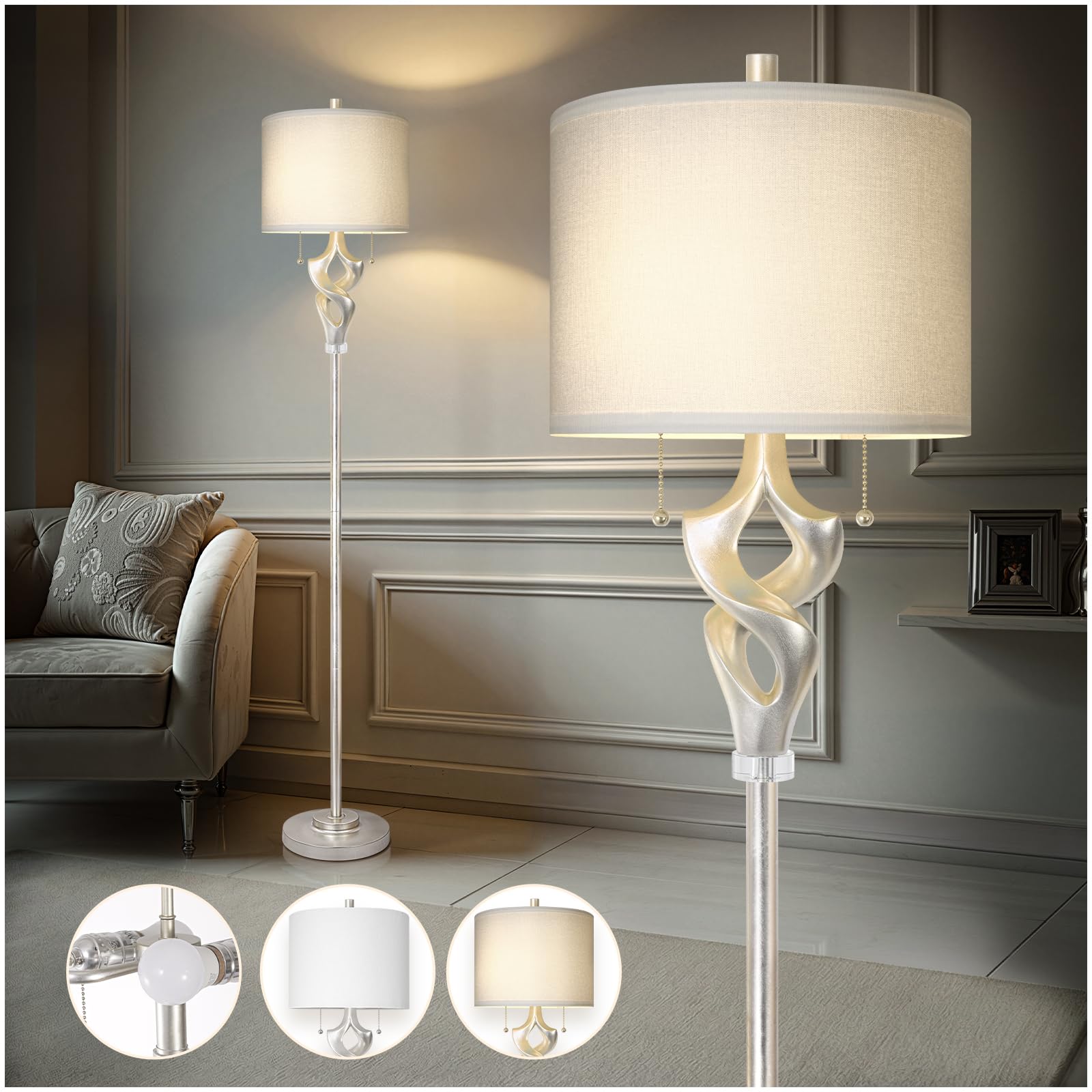 Scenekoy Sculptural 65.5    Floor Lamp for Living Room Bedroom, Silver Leaf Finish & Resin Body, Pull Chains Switch Standing Lam