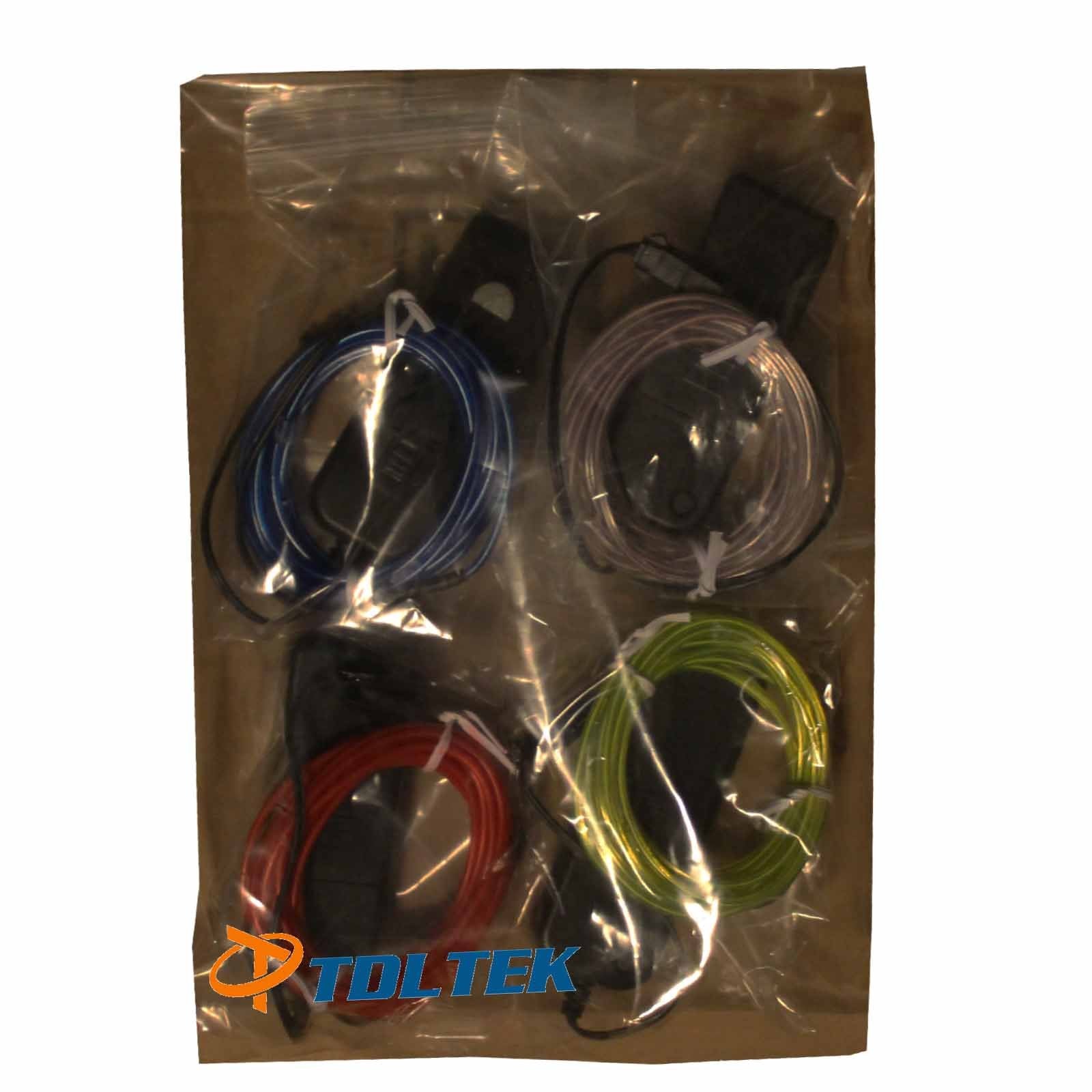 Tdltek 4 Pack 15Ft Neon Glowing Strobing Electroluminescent Wire/El Wire(Blue, Green, Red, White) + 3 Modes Battery Controllers