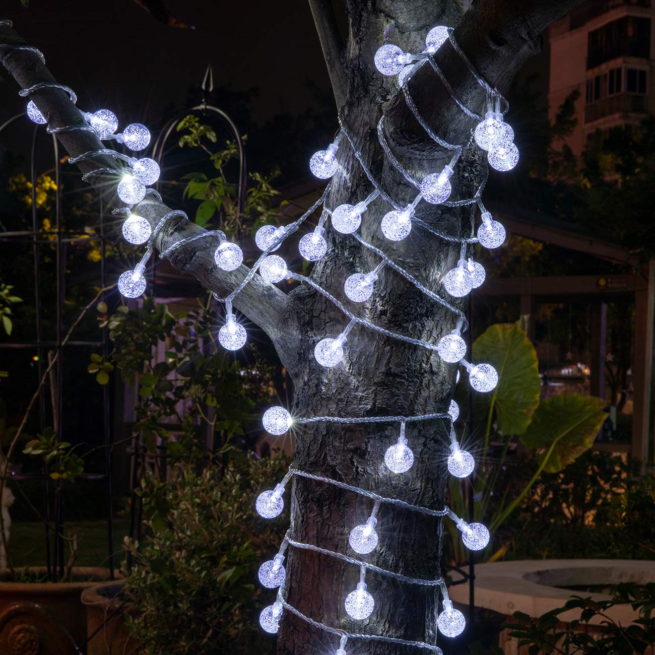 AWQ LED Globe Ball String Lights, 49 FT, White, Crystal Bubble, 8 Modes, Plug-in, Remote, Indoor/Outdoor Wedding Decor