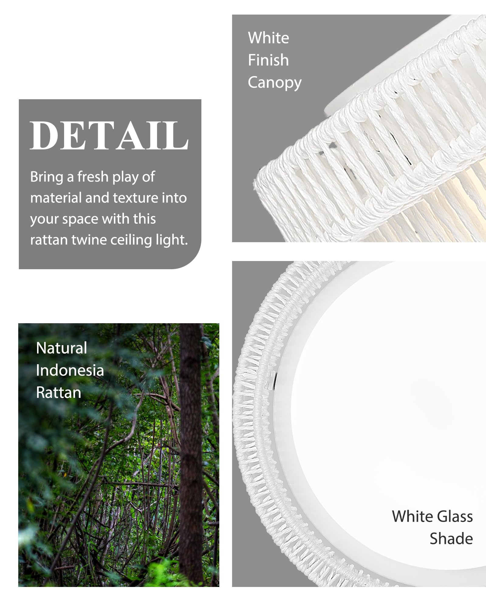 HWH Rattan Ceiling Light Fixture, 24W LED Flush Mount, Hand-Woven Twine, 16in  Size, White, Model 5HYS78MF-LED WH